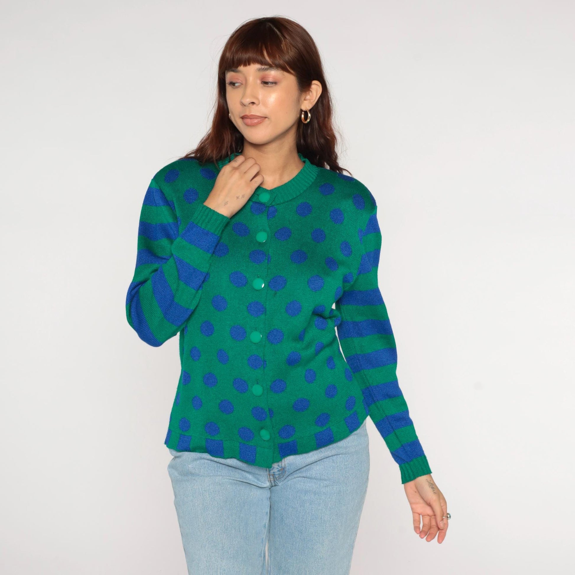 80s Ami Knits Cardigan Green Polka Dot Blue Striped Sleeves Large L