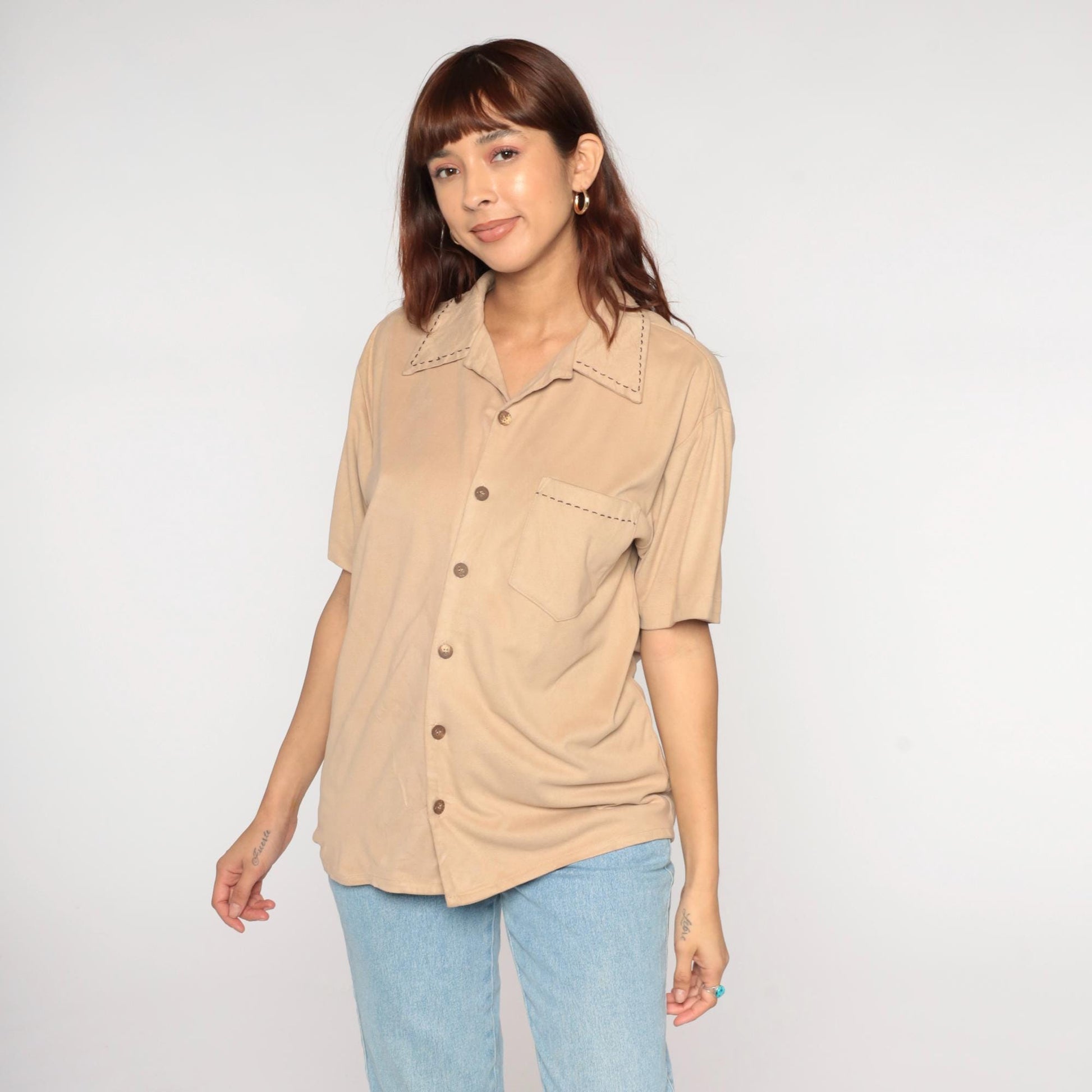 Y2K Positano Beige Camp Collar Shirt Short Sleeve Stitch Detail Small S