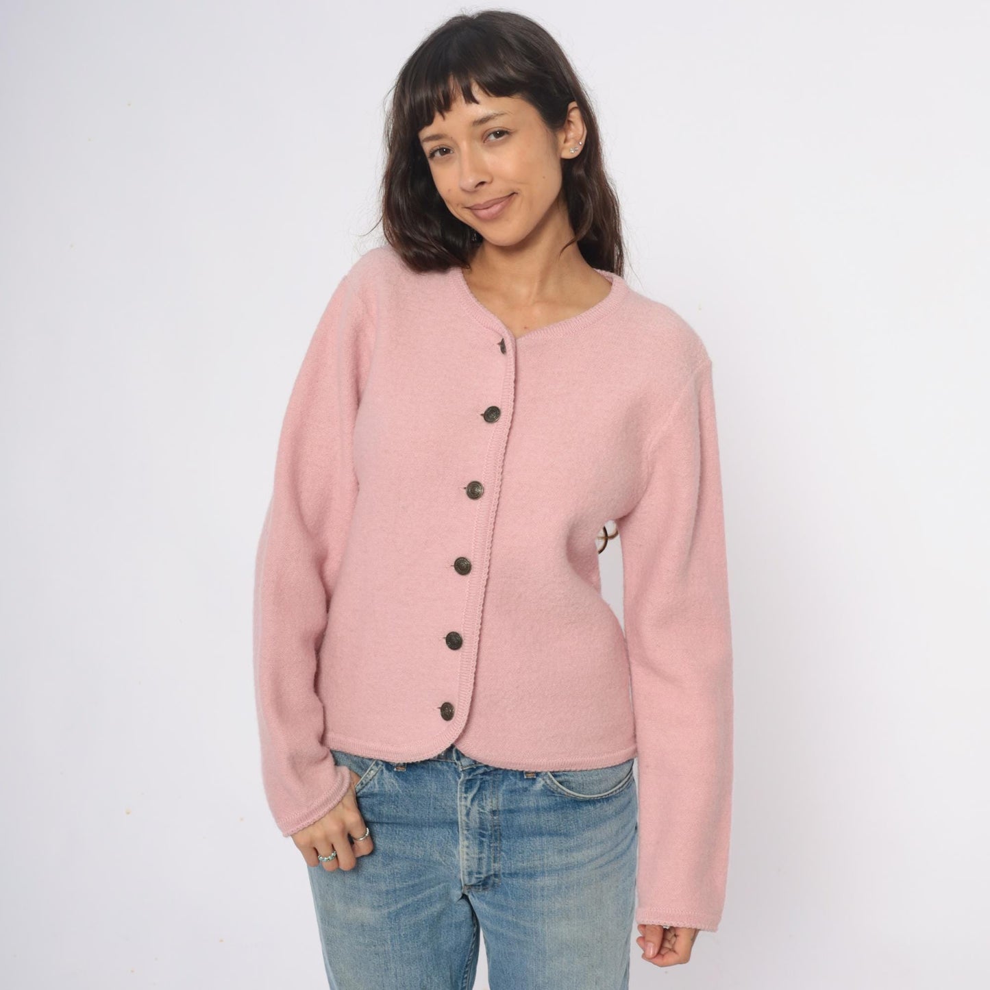 70s Tally Ho Wool Cardigan Pink V-Neck Button Front Medium