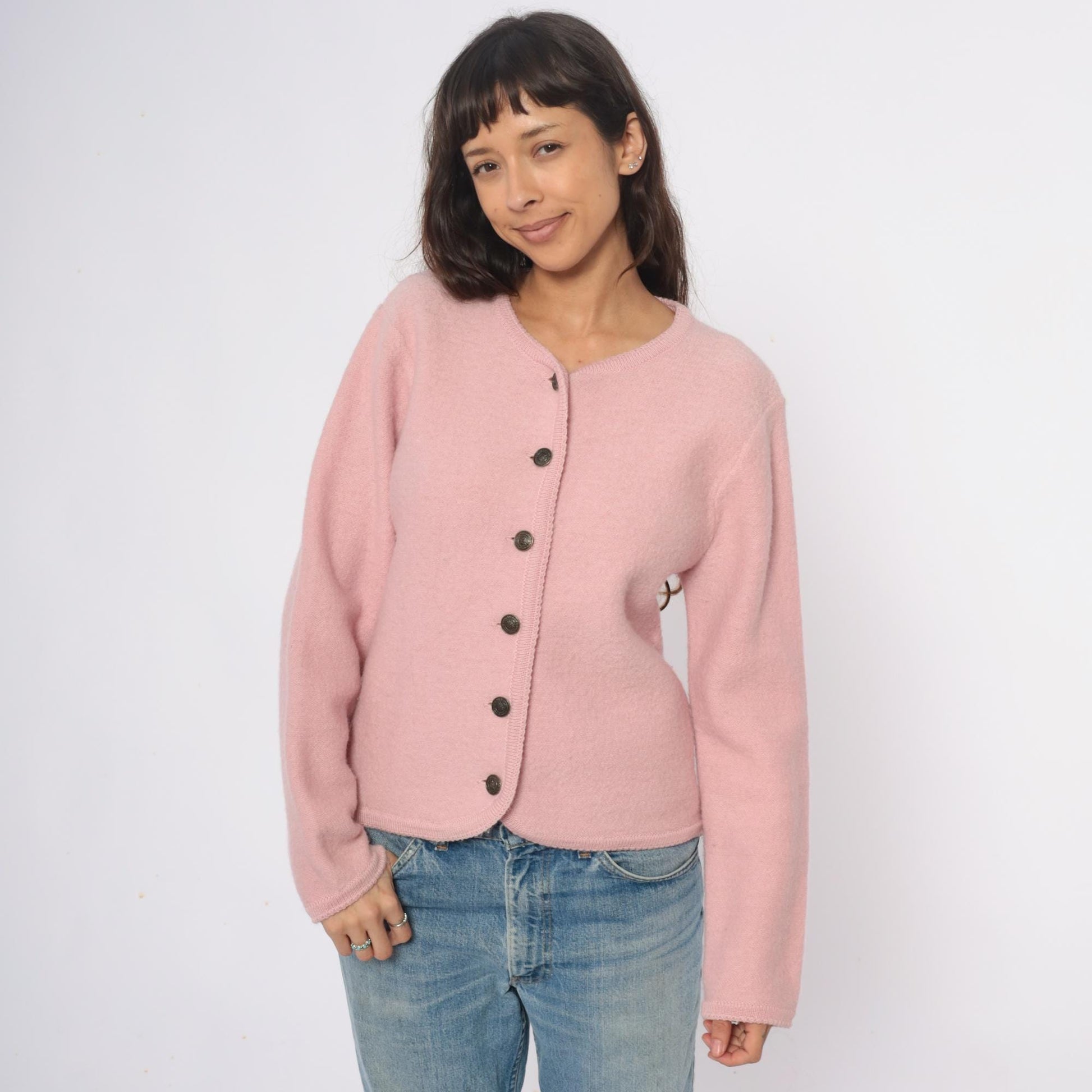 70s Tally Ho Wool Cardigan Pink V-Neck Button Front Medium