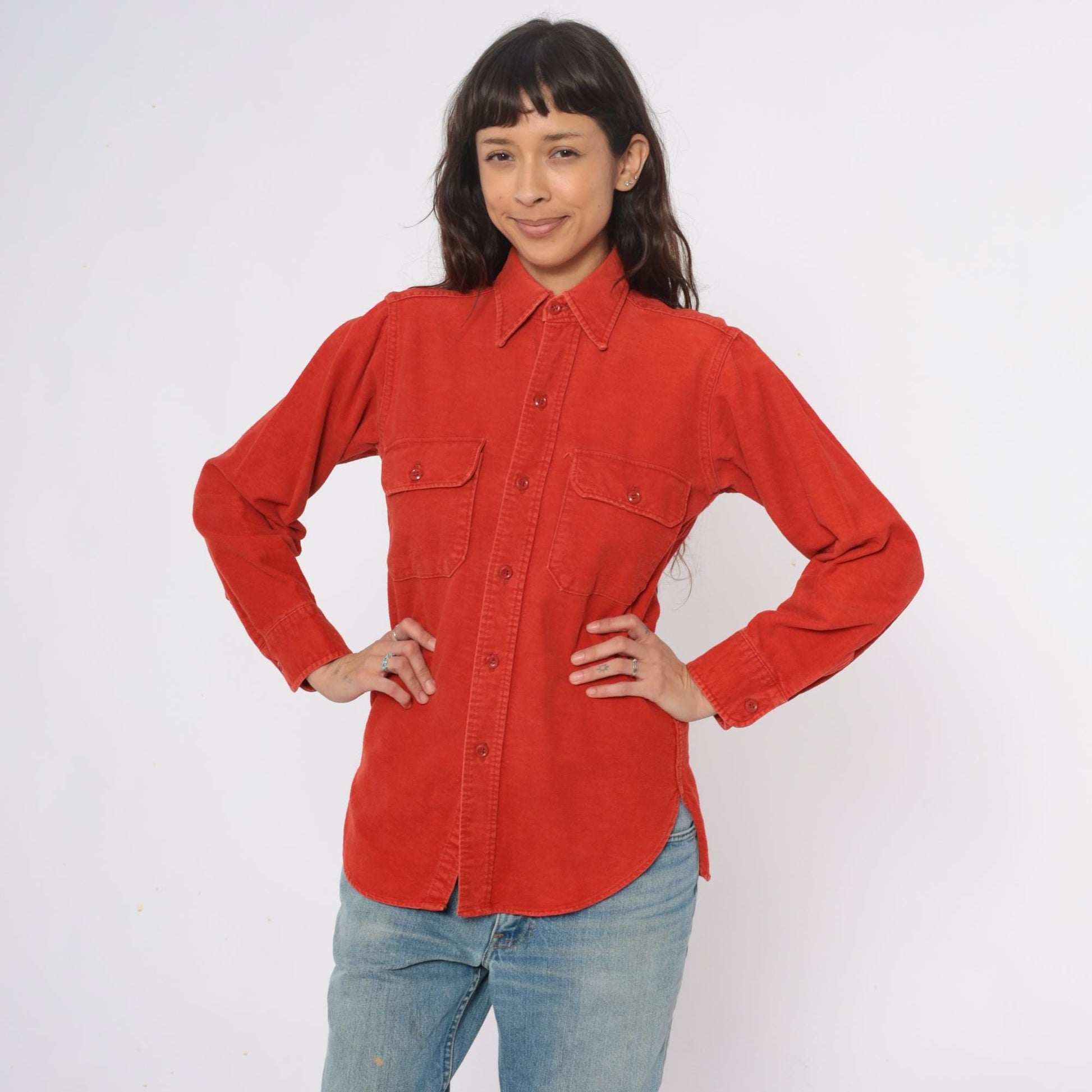 80s Woolrich Orange Button-Up Shirt Long Sleeve Collared Chest Pockets Medium