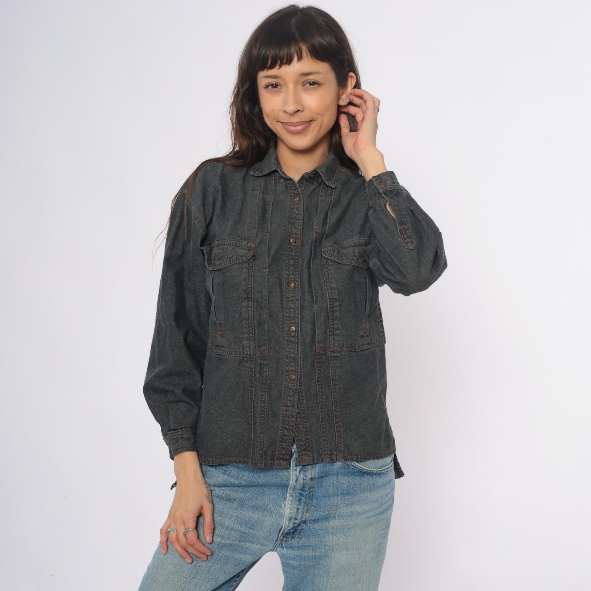 90s Changes Dark Grey Denim Shirt Jacket Cotton Button Front Small