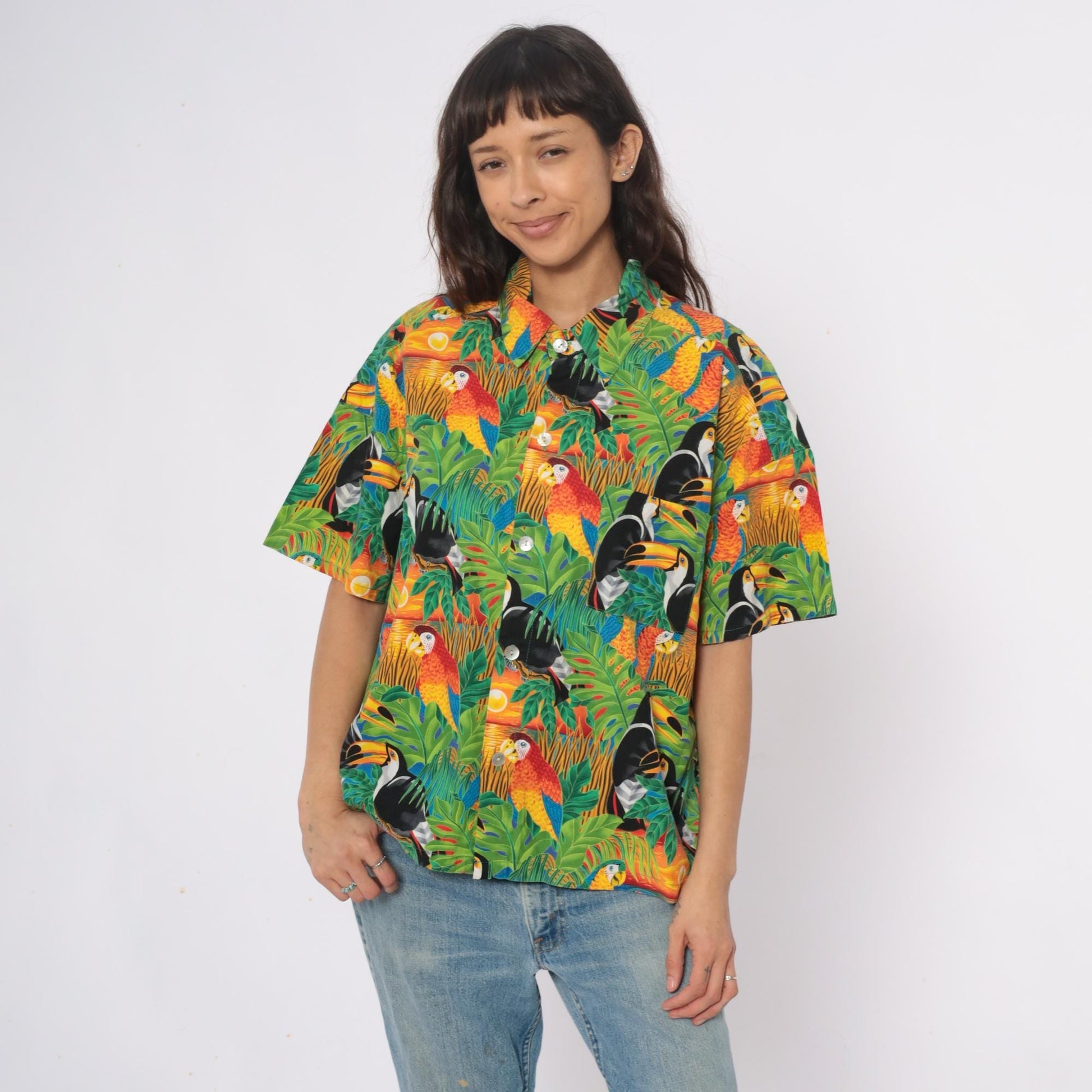 90s Hummingbird Tropical Bird Print Camp Collar Shirt Plus Size XXL