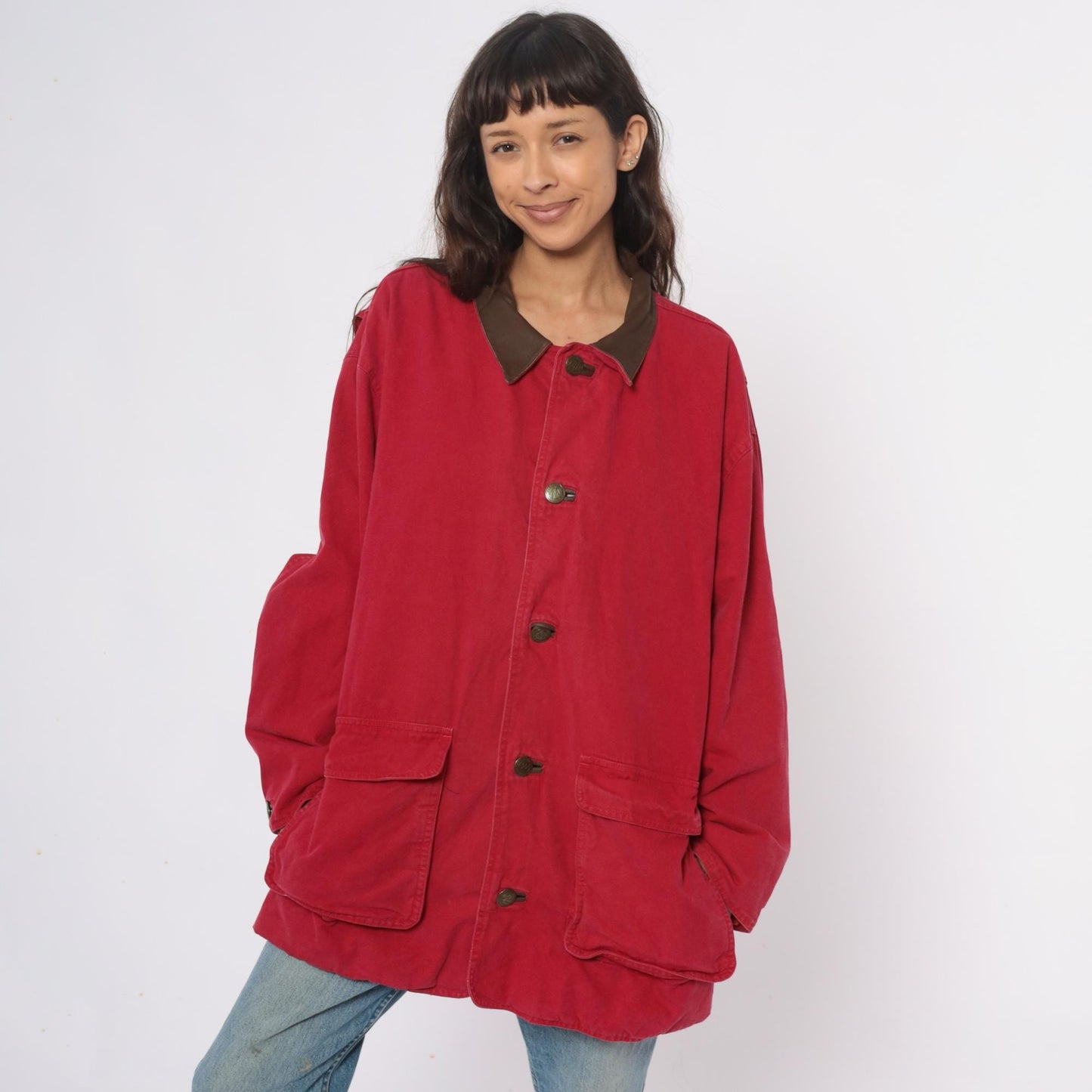 90s Marlboro Red Cotton Barn Jacket Leather Collar Workwear Extra Large XL