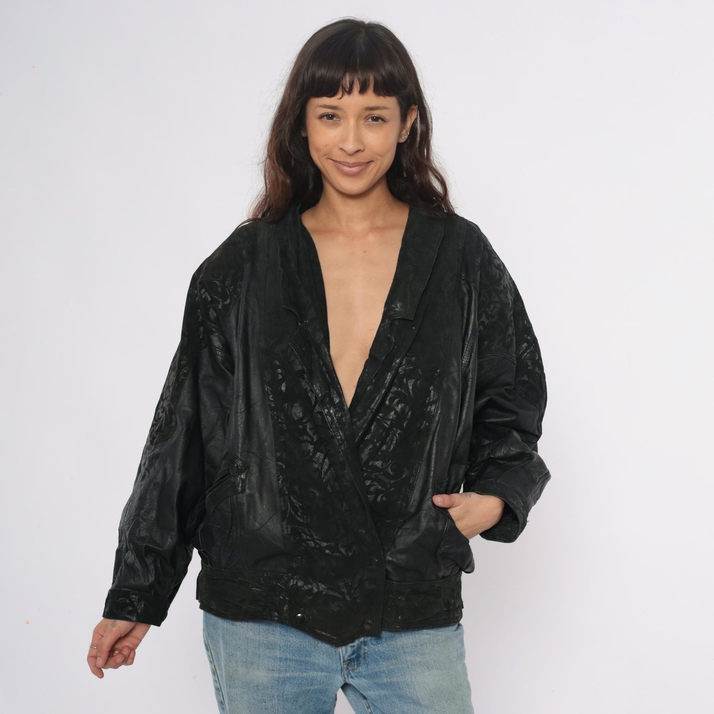 90s Black Leather Bomber Jacket Embossed Shawl Collar Medium M