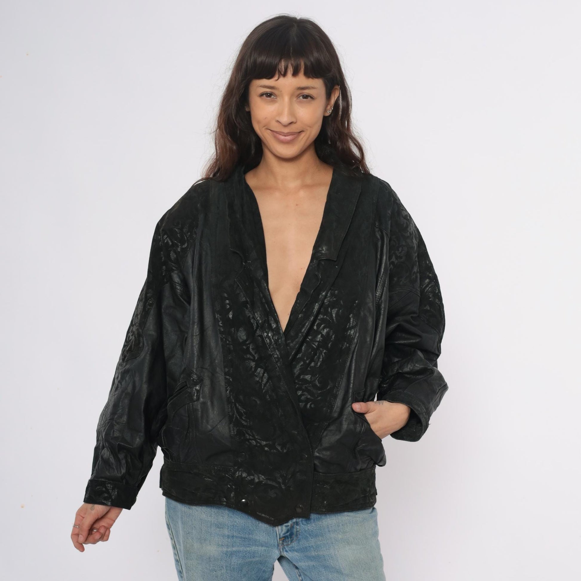 90s Black Leather Bomber Jacket Embossed Shawl Collar Medium M
