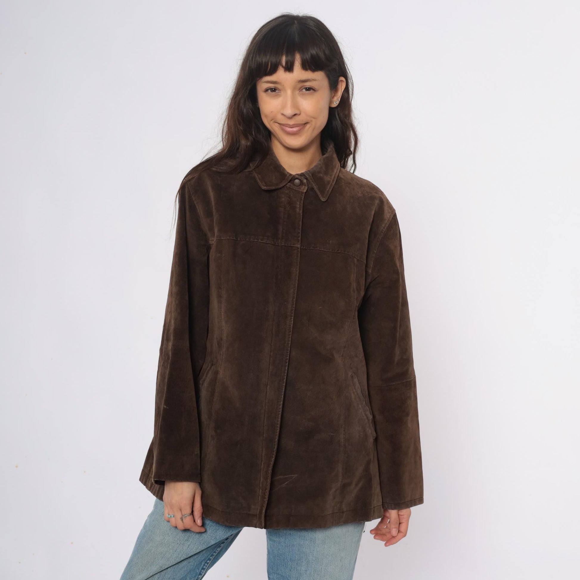 90s Ami Brown Suede Leather Jacket Collared Zip Front Large L