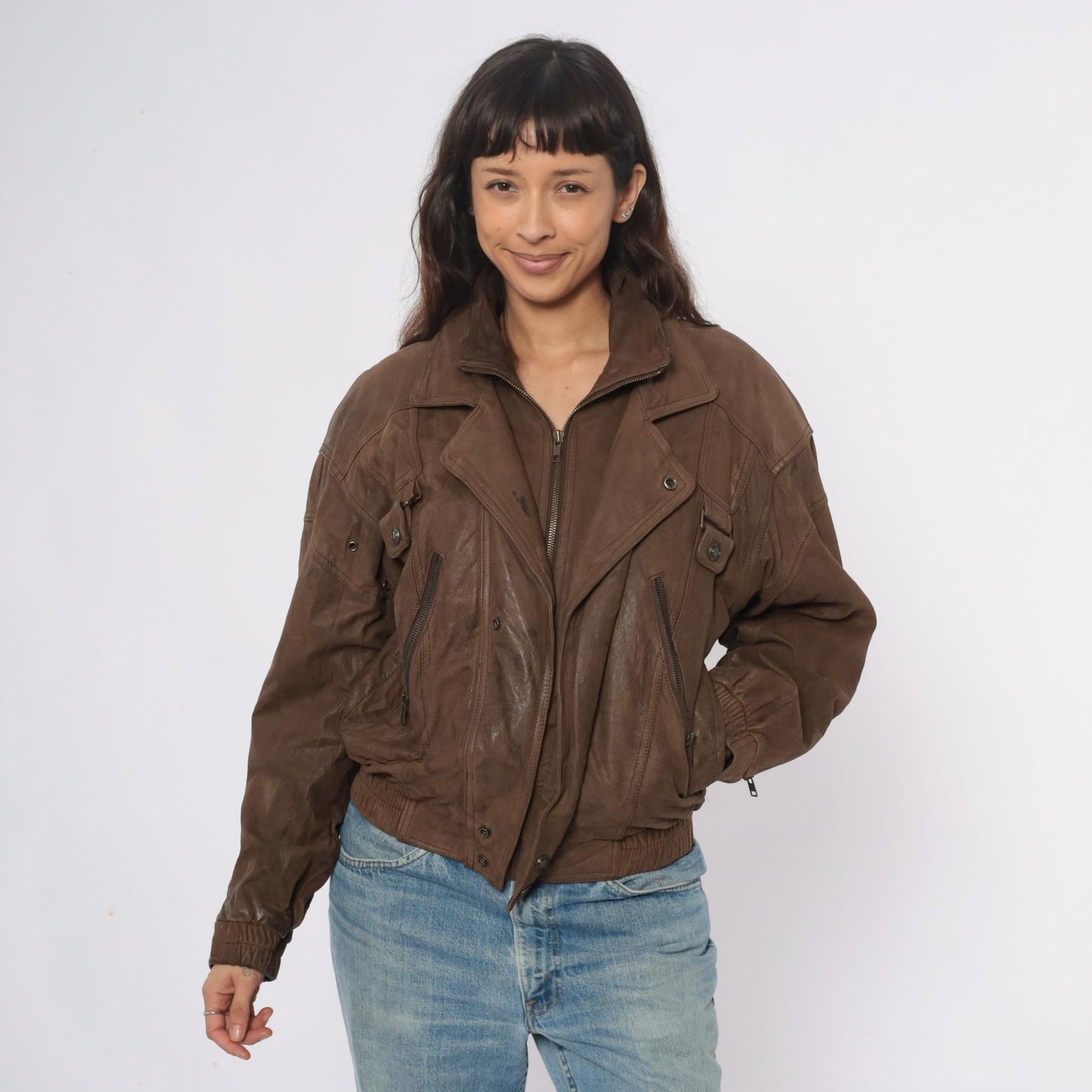 90s Wilsons Leather Brown Bomber Jacket Cropped Moto Zipper Small S