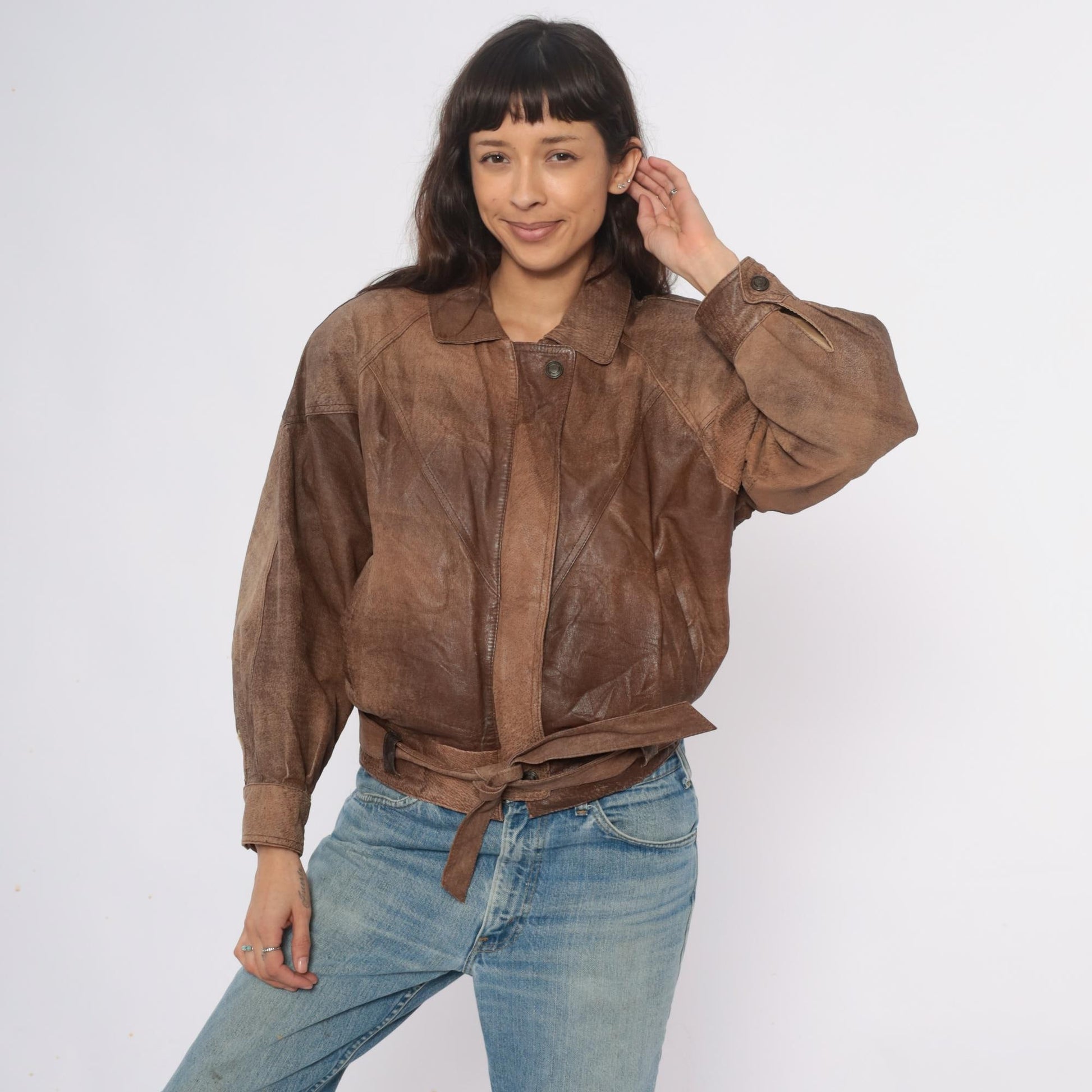 90s Adventure Bound Brown Leather Jacket Cropped Belted Small S