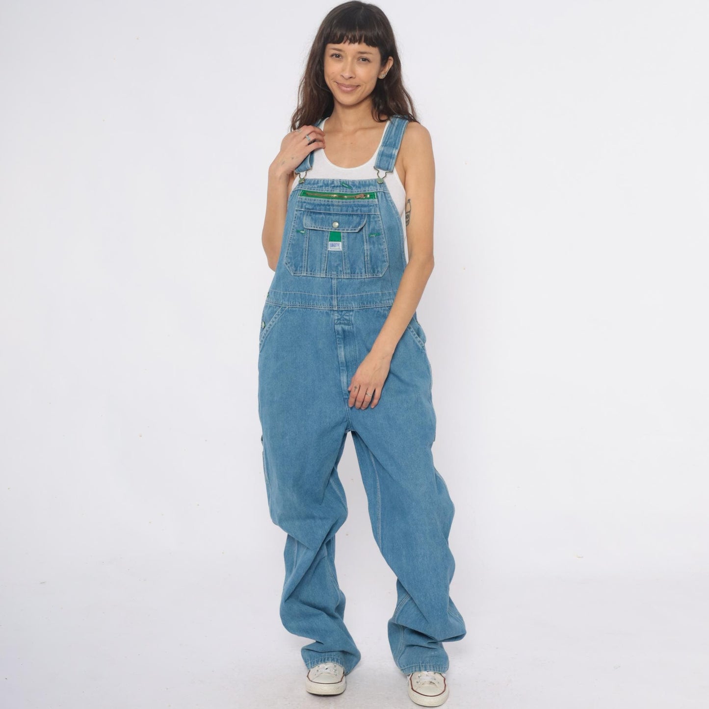 Y2K Liberty Light Blue Denim Overalls Green Stitching Carpenter Large L
