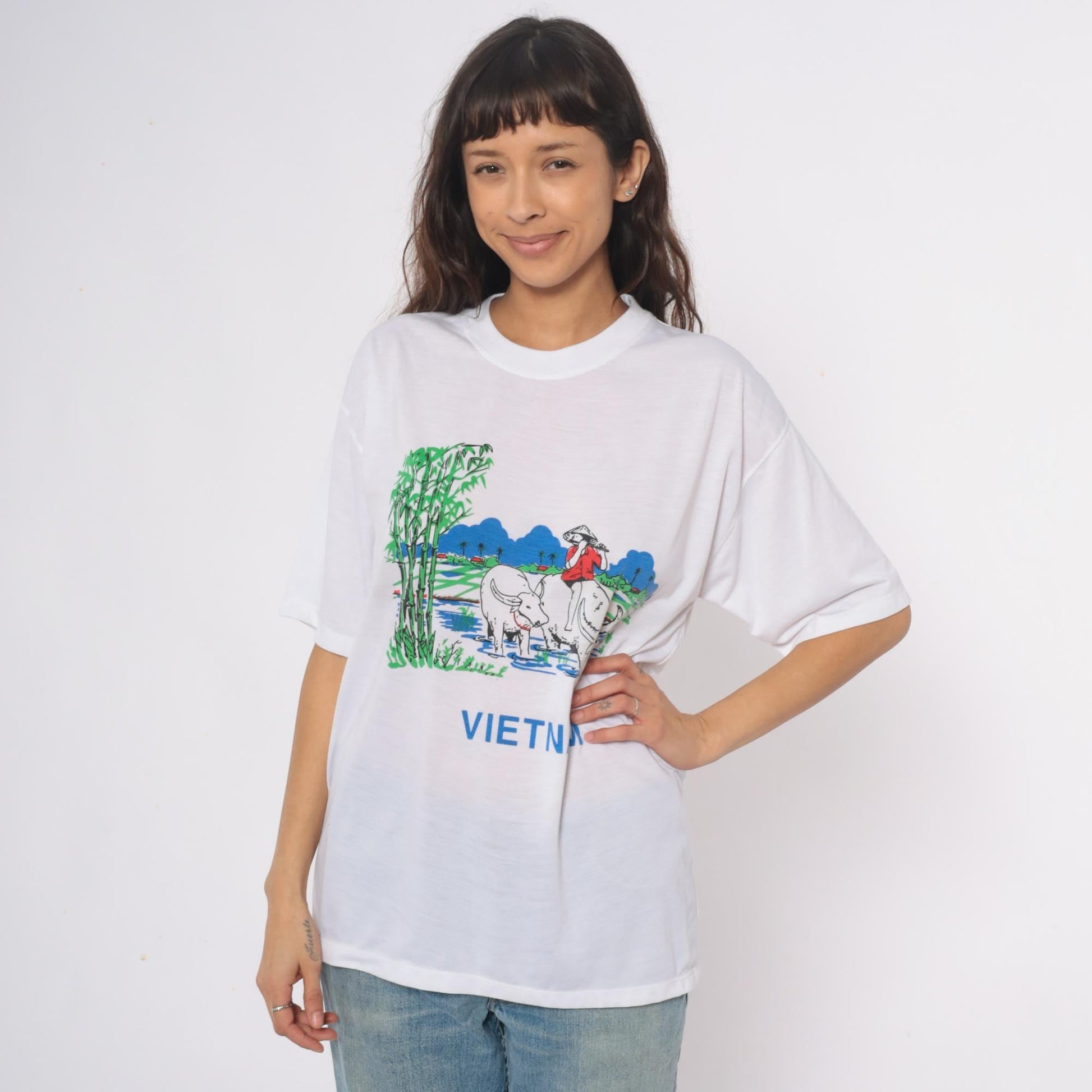 Y2K Vietnam Souvenir Graphic Tee Water Buffalo Rice Paddy White Cotton Extra Large