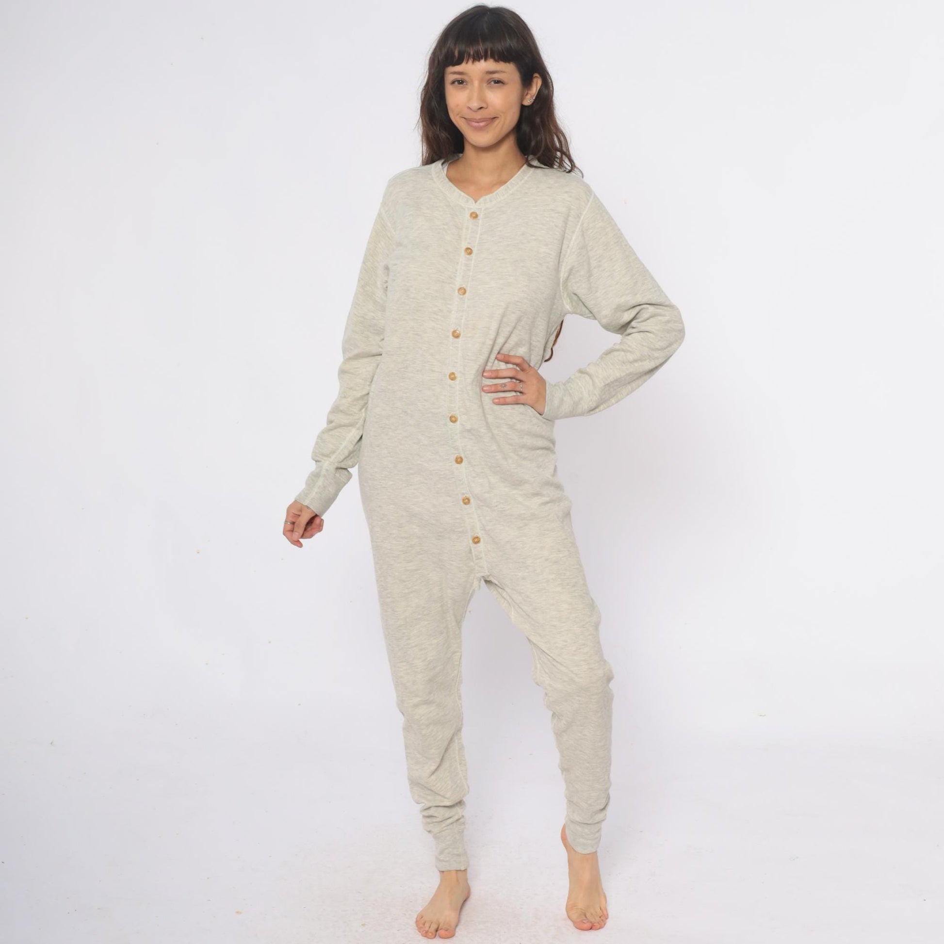 80s Duofold Union Suit Thermal Onesie Cream Cotton Wool Drop Seat Medium