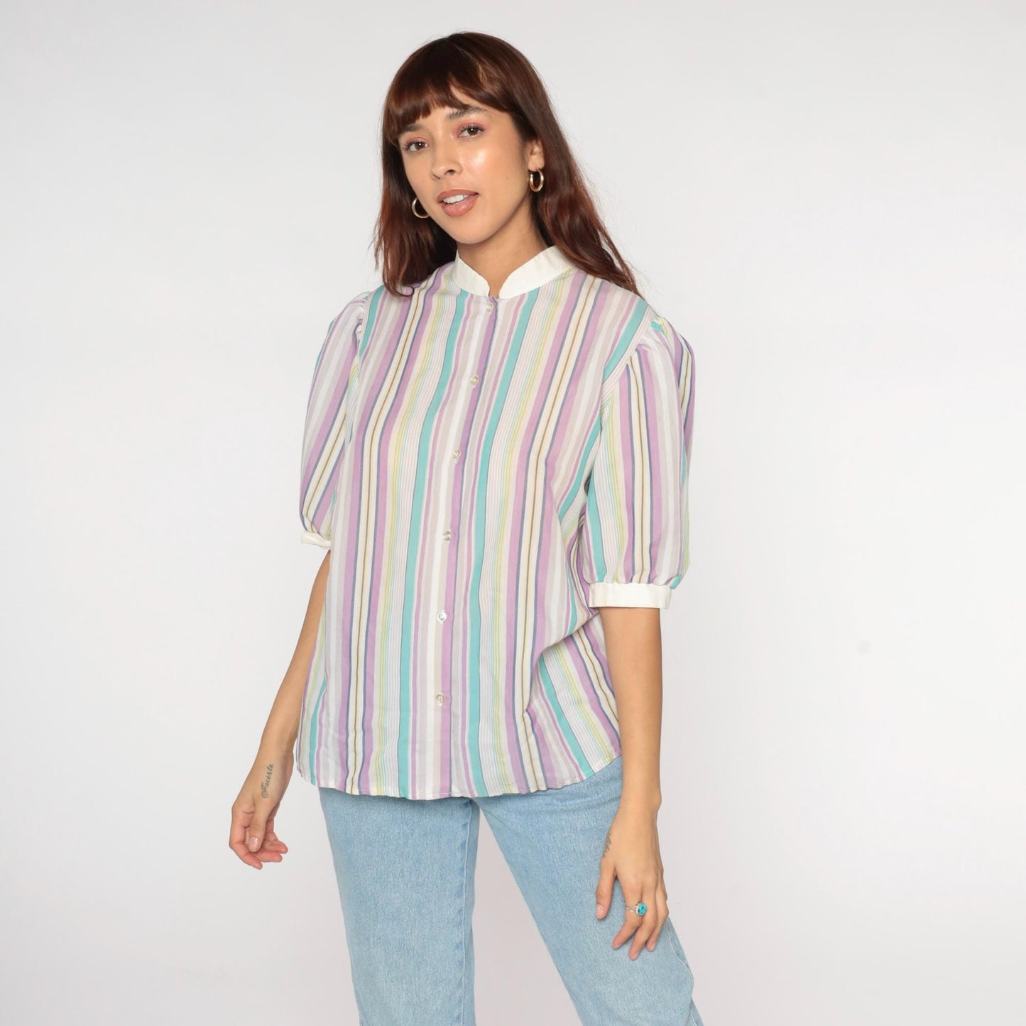 80s Koret Pastel Striped Blouse Peter Pan Collar Puff Sleeve Small