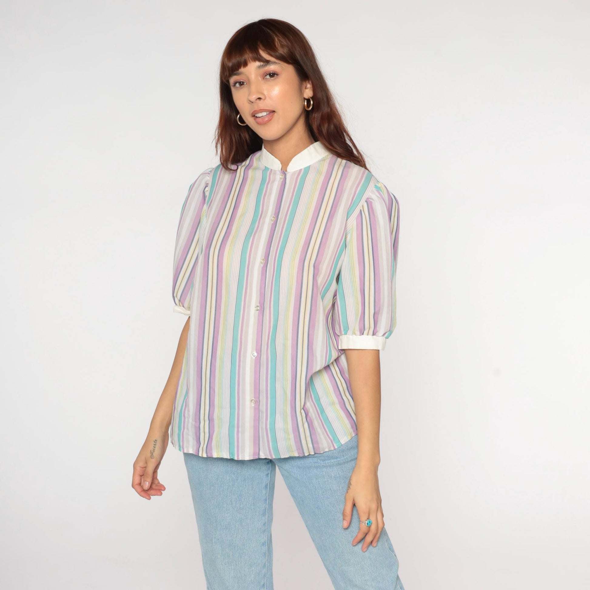80s Koret Pastel Striped Blouse Peter Pan Collar Puff Sleeve Small