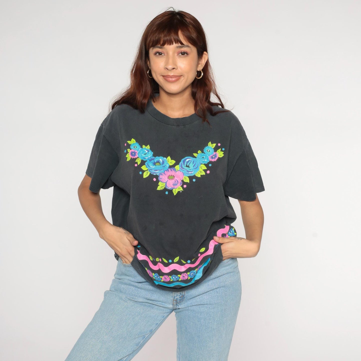 90s Jacques Moret Floral Cotton T-Shirt Blue Pink Roses Graphic Tee Large