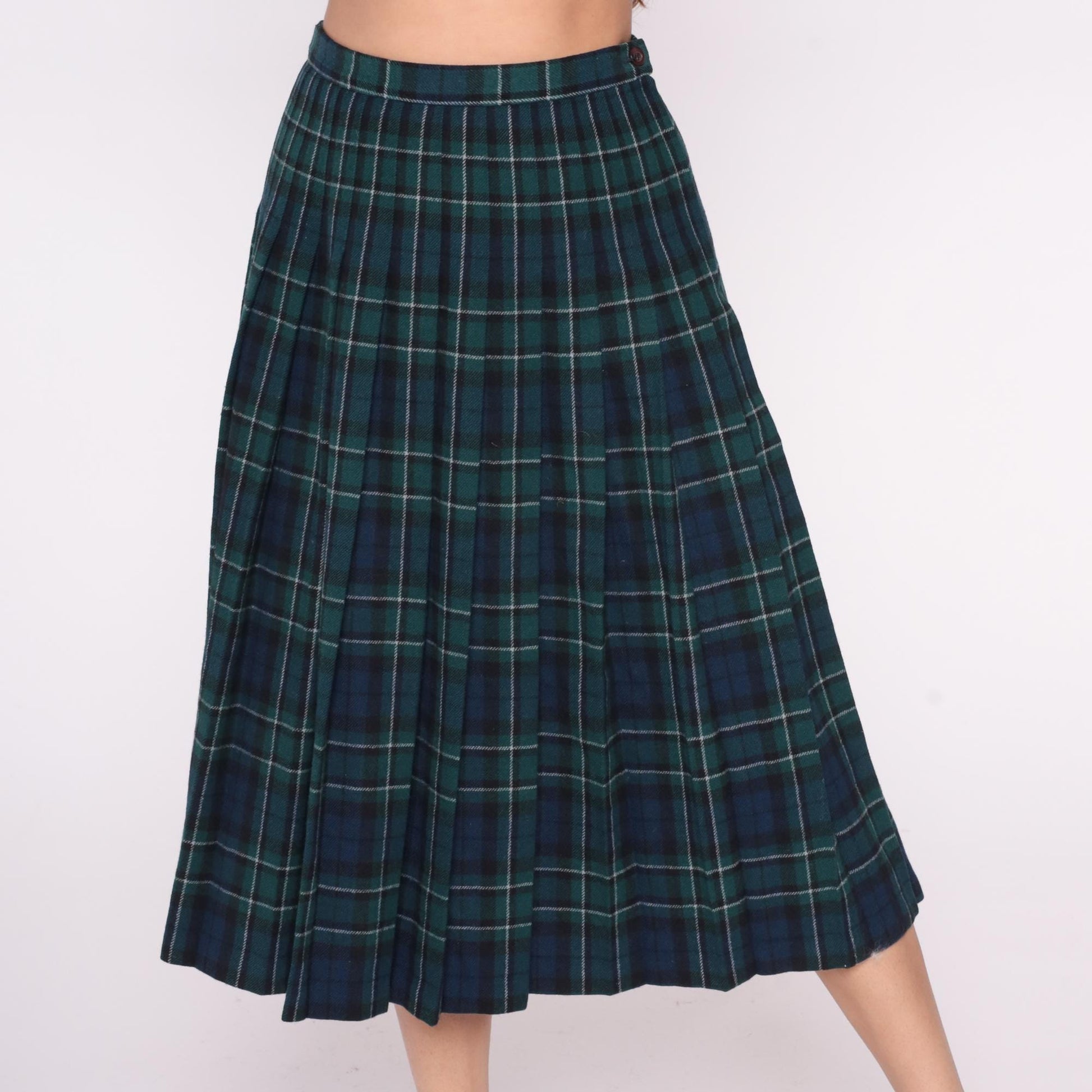 Pendleton Plaid Wool Skirt 80s Green Navy Tartan Pleated High Waist Small