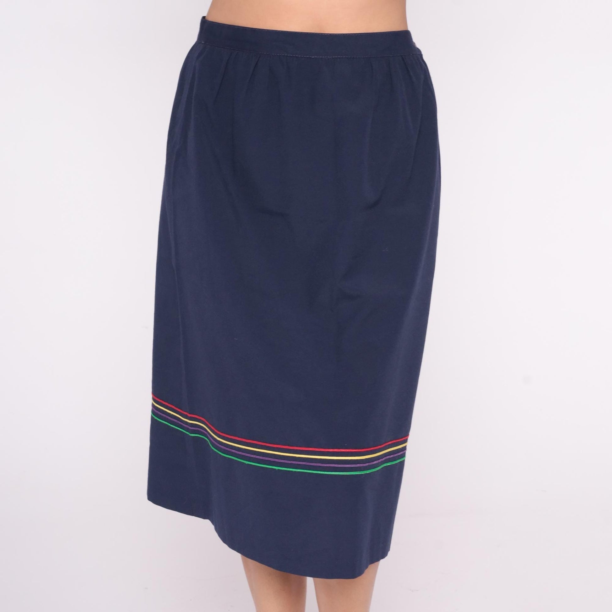 80s Navy A-Line Skirt Rainbow Striped Trim Elastic Waist Medium