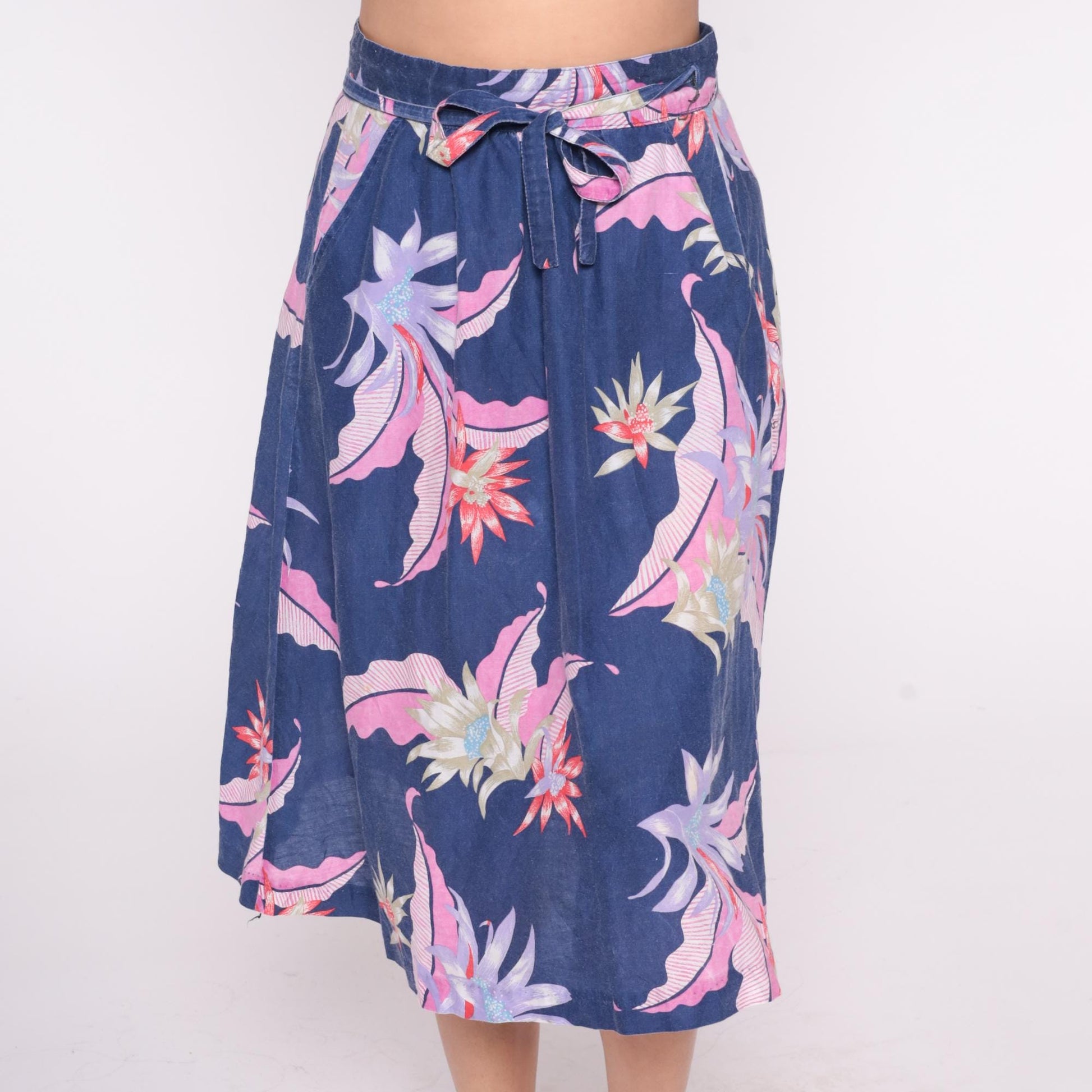 80s Sixpence Floral Wrap Skirt Navy Pink Purple Knee Length Small
