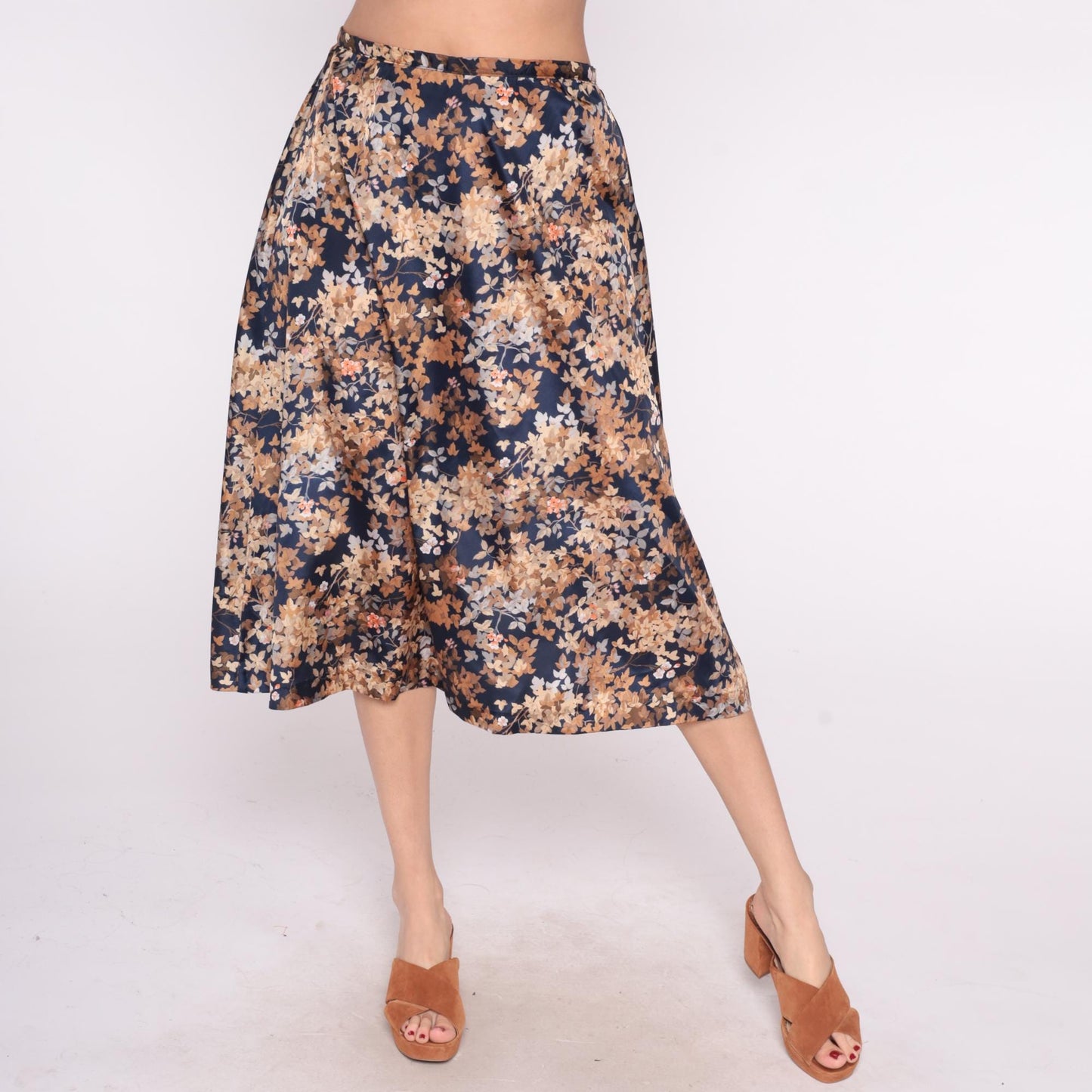 80s Navy Floral Midi Skirt Tie Waist A-Line Peach Tan Brown Large L