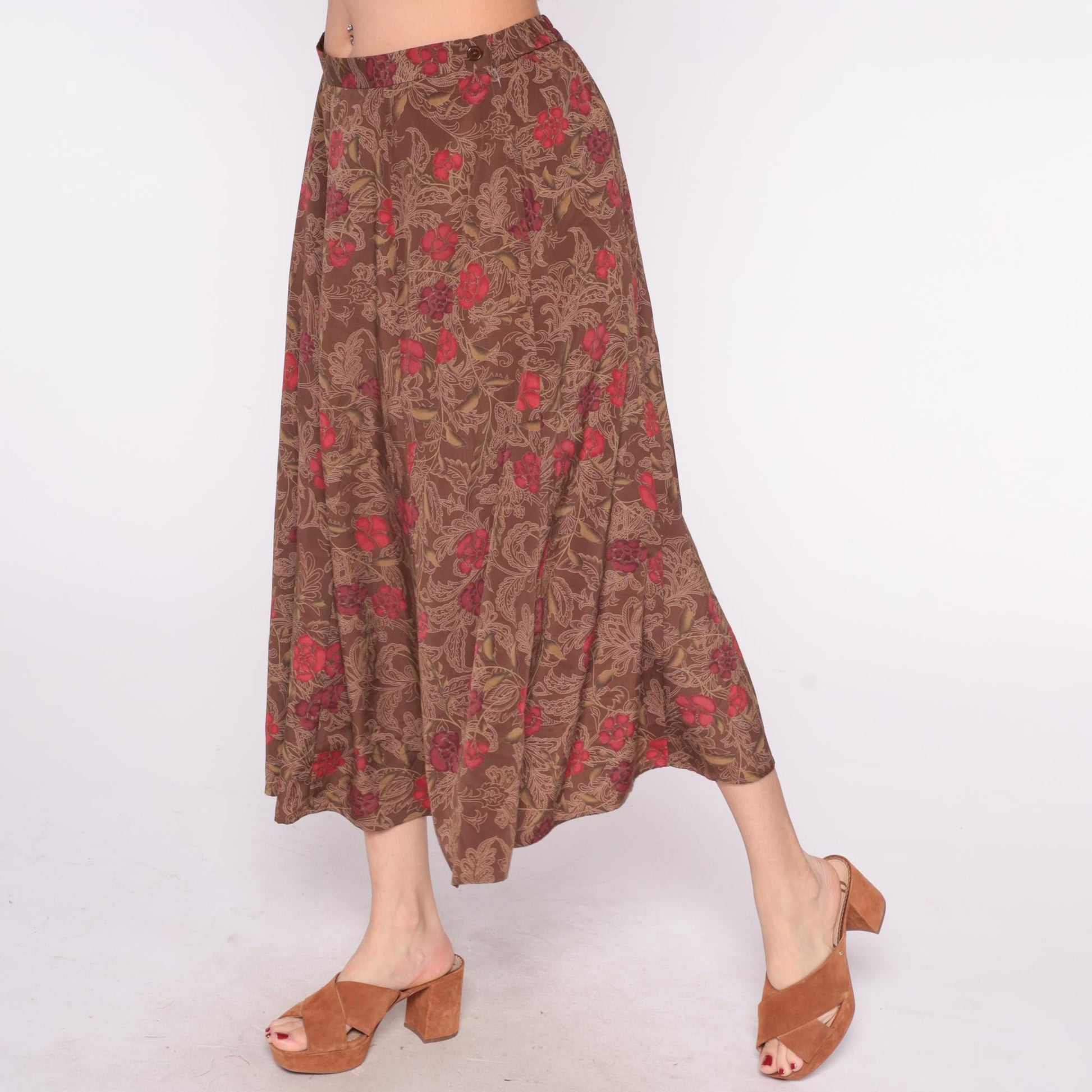 90s Brown Floral Maxi Skirt Red Burgundy Paisley Elastic Waist Large