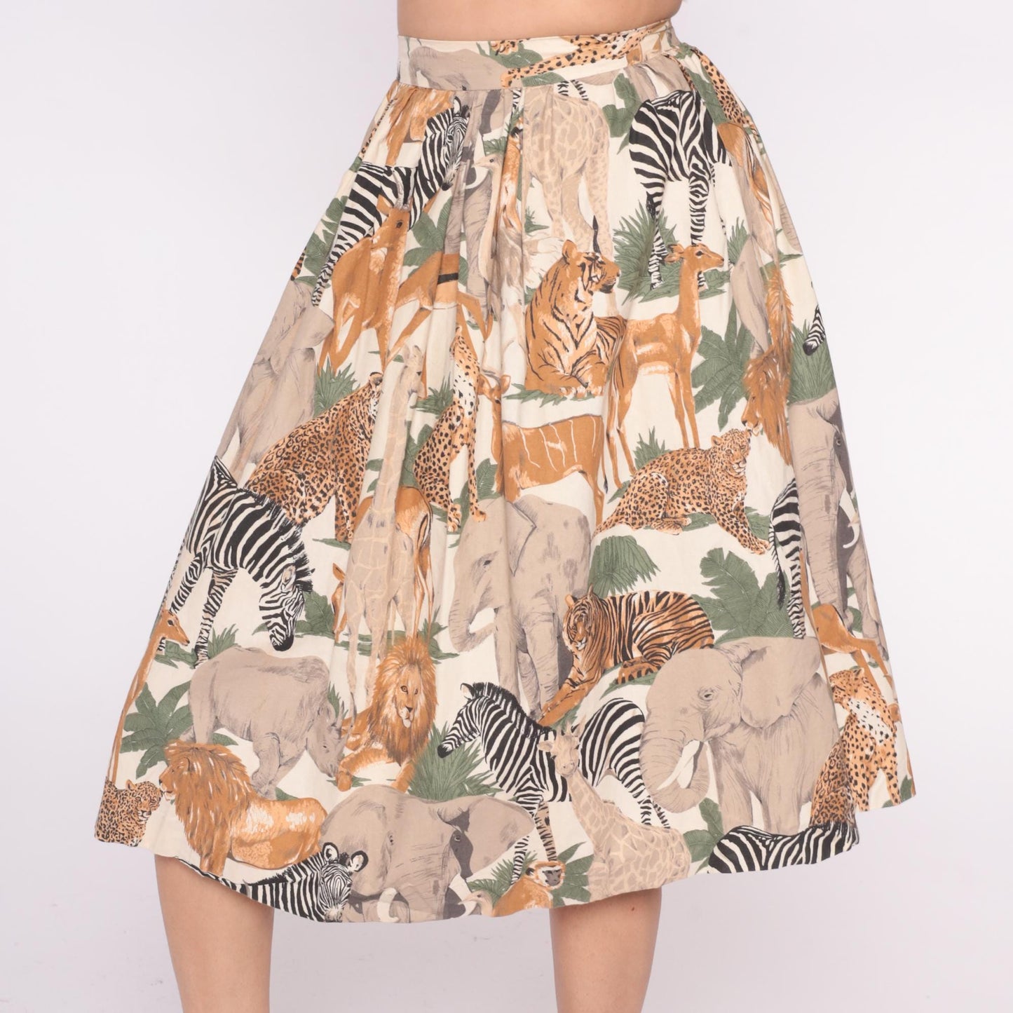 80s Safari Animal Print Skirt Cream Orange Pleated Elastic Waist Small