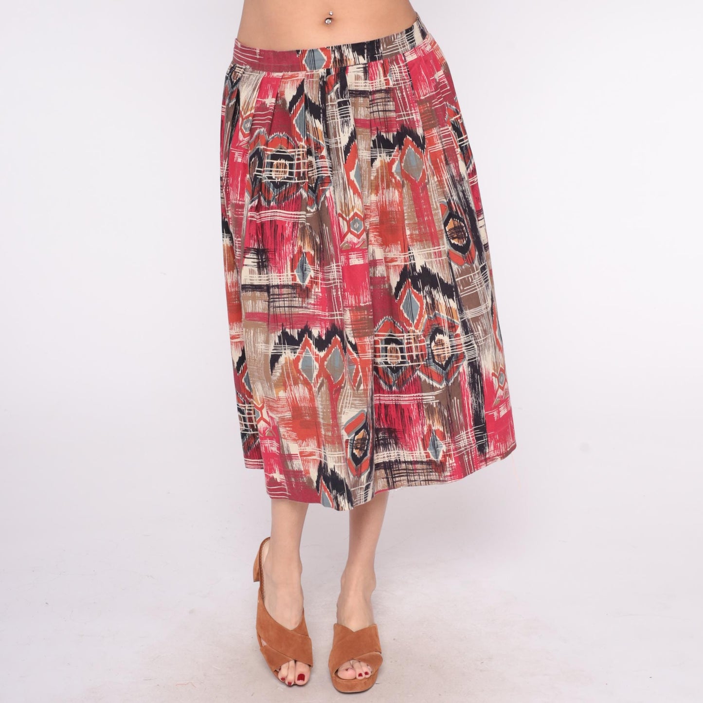 80s Southwestern Geometric Midi Skirt Red Pink Black Tan Cotton High Waist Medium