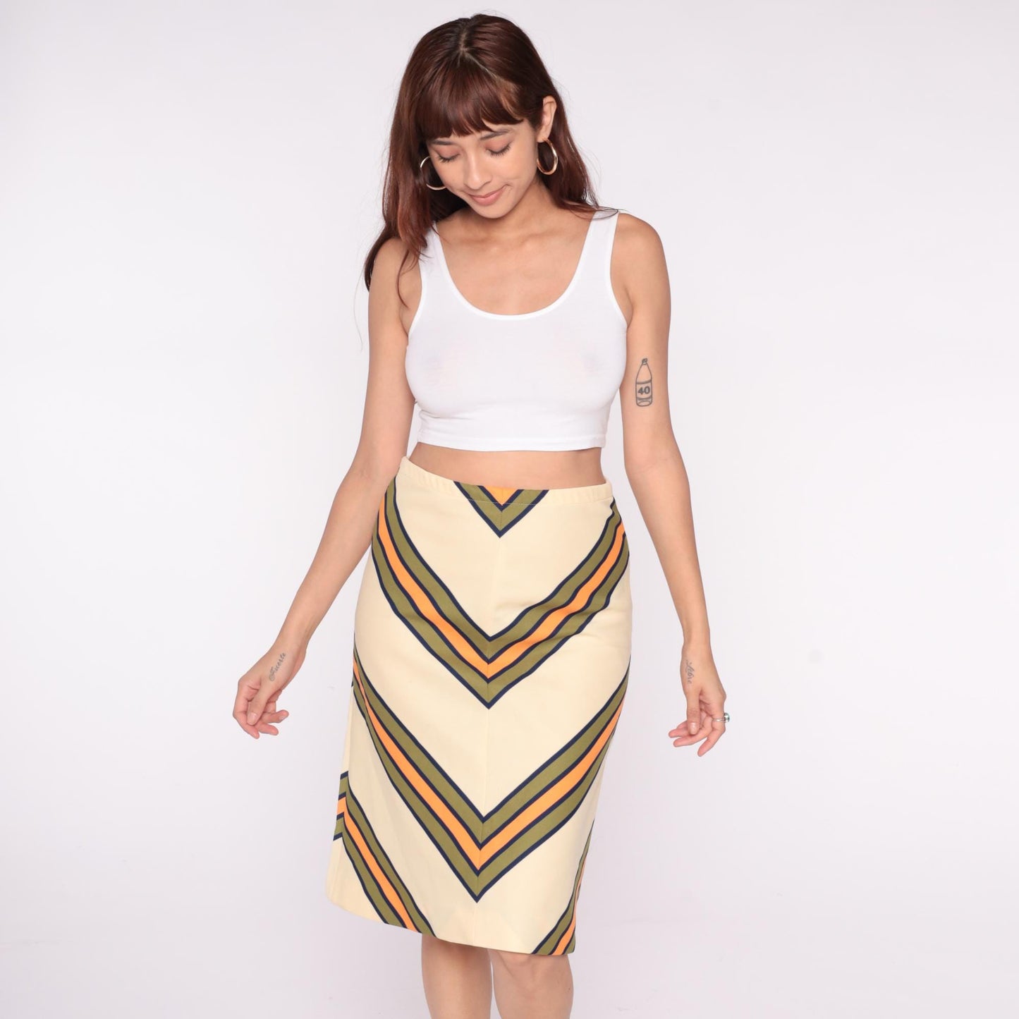 70s Chevron A-Line Skirt Cream Navy Orange Stripe Knee-Length Medium Large