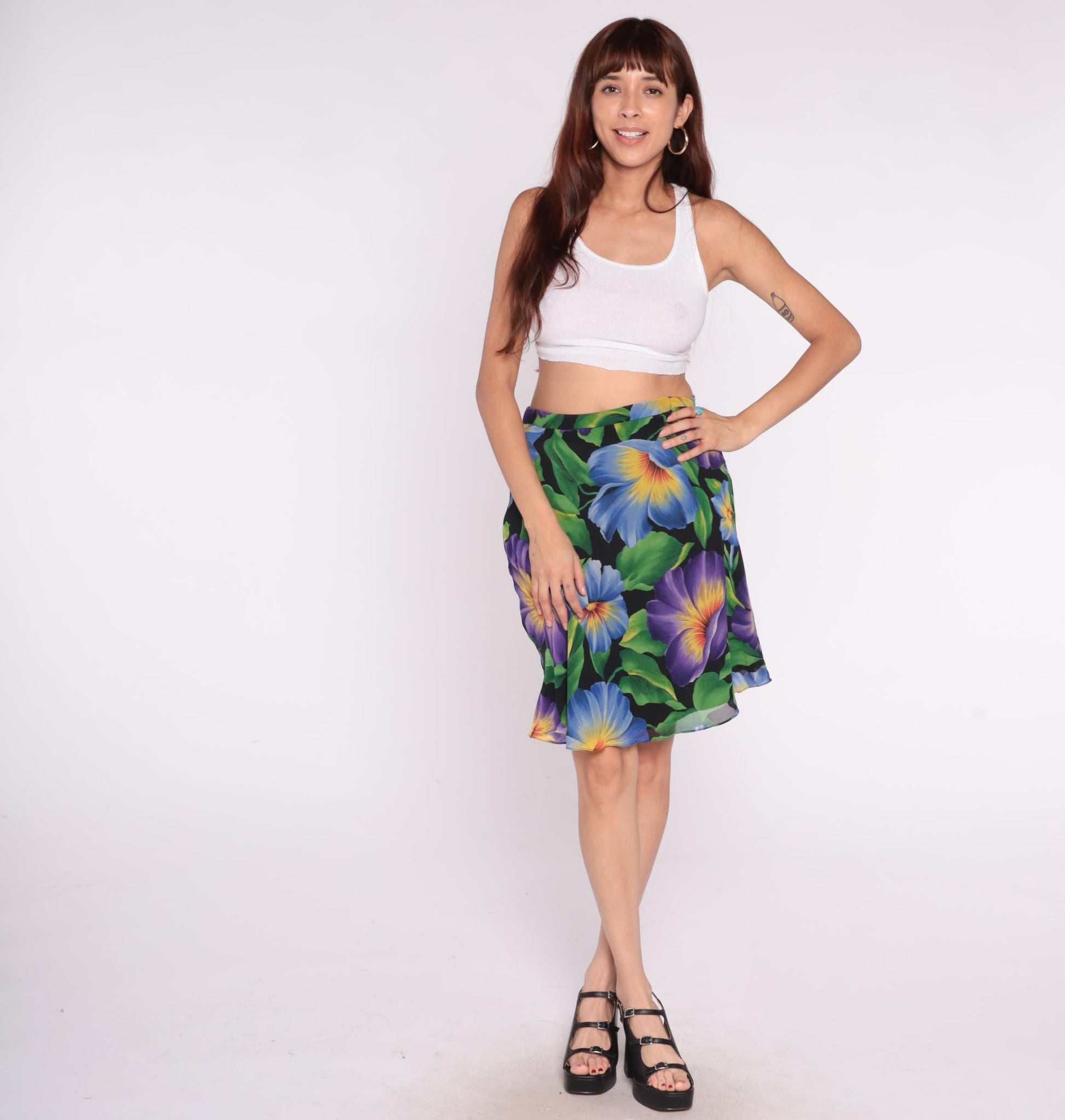 90s Liz Claiborne Silk Floral Skirt Knee-Length Black Purple Blue Medium