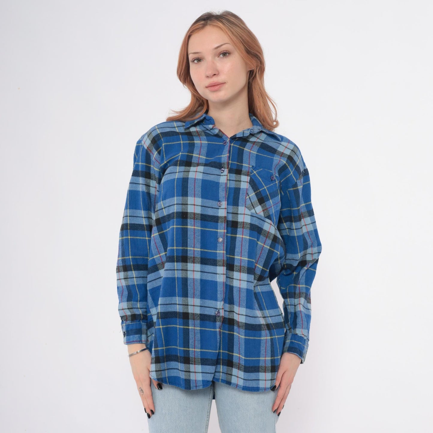 90s Timber Trail Plaid Flannel Shirt Blue Button Front Cotton Medium M