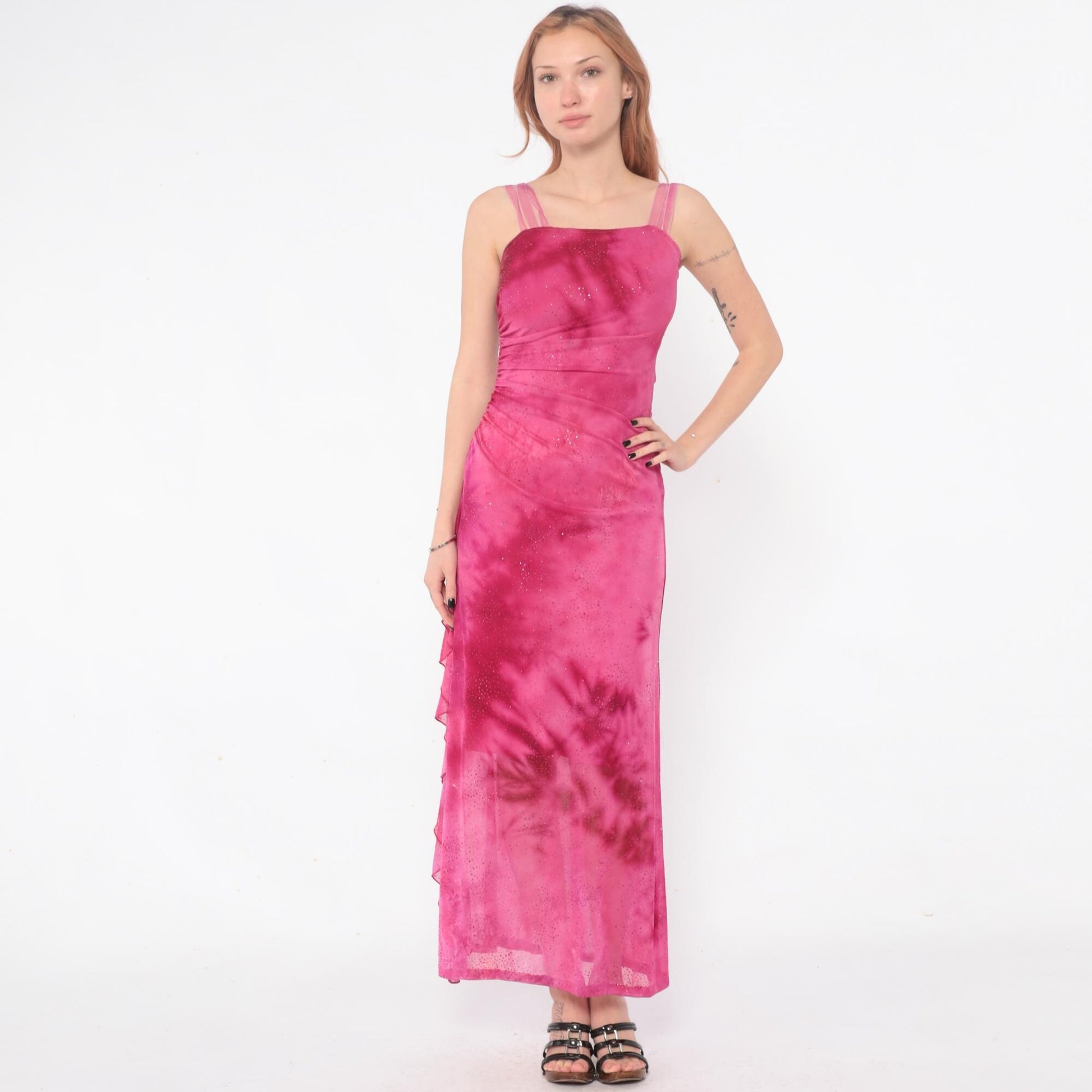 Y2K Hot Pink Sparkle Maxi Dress Ruched Spaghetti Strap Extra Small