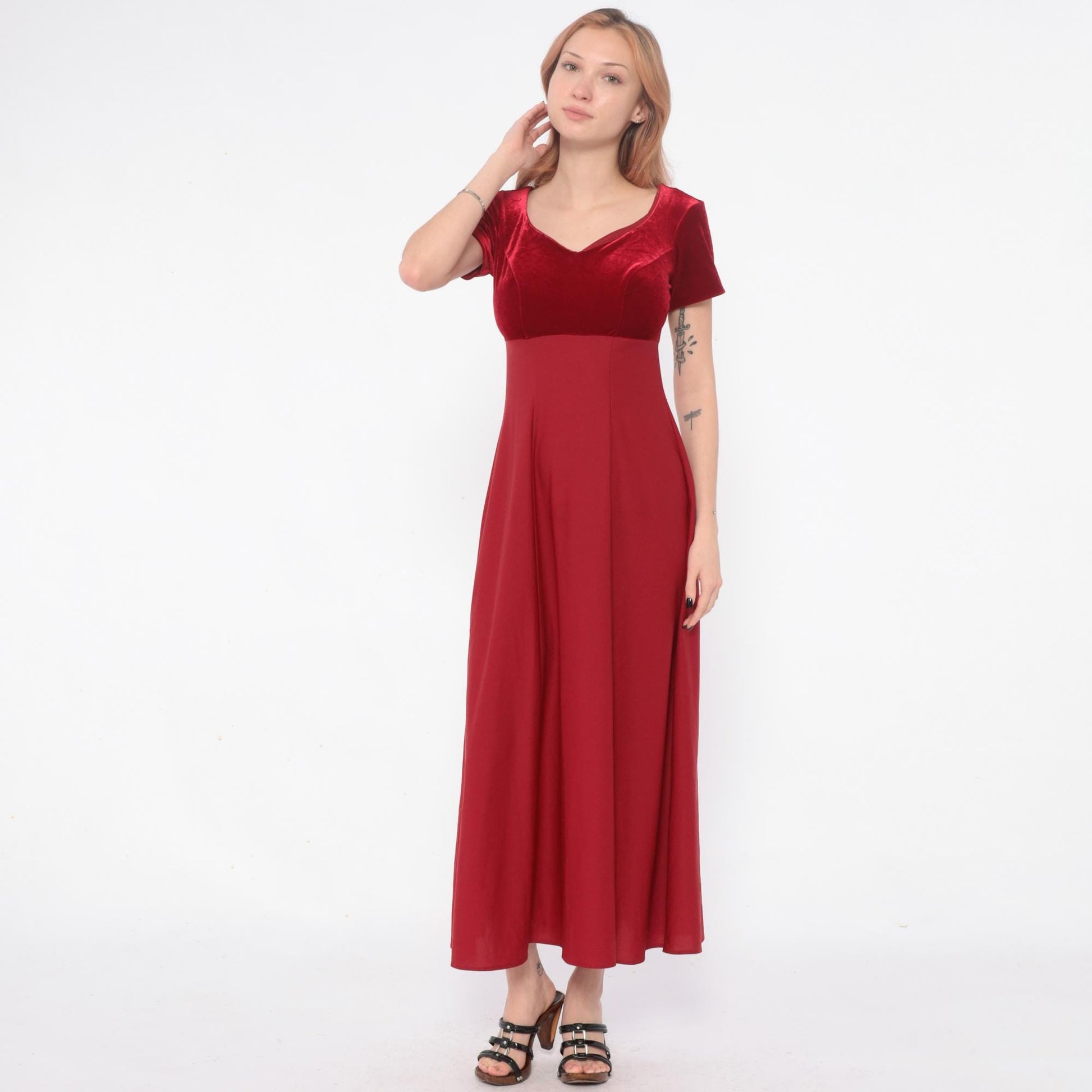 Y2K Burgundy Velvet Maxi Dress Empire Waist Color Block Small S