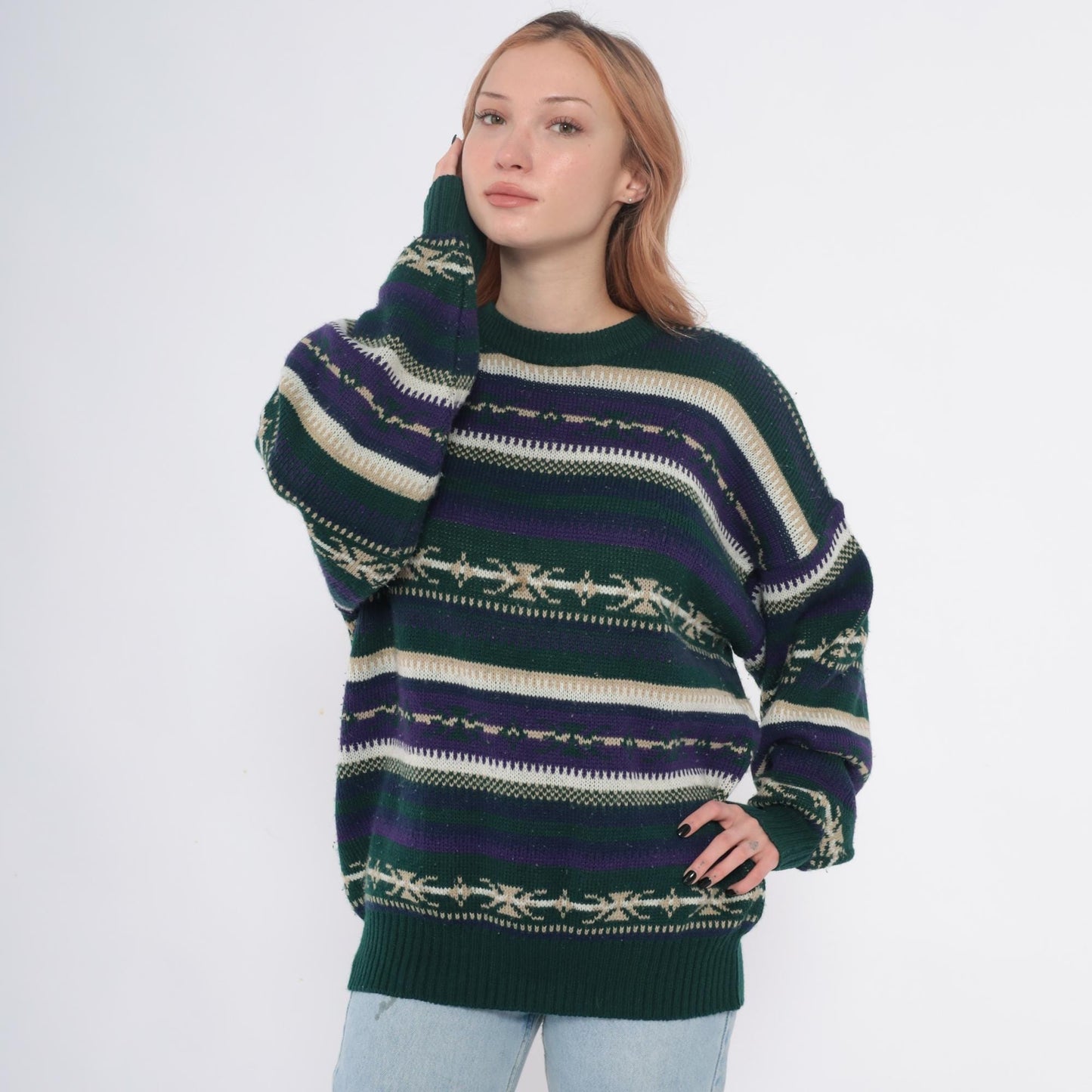 90s Fair Isle Sweater Green Purple Cream Geometric Pullover Extra Large XL