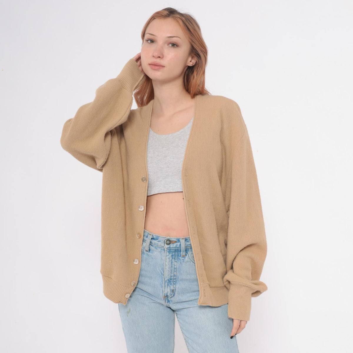 80s Robert Bruce Camel Cardigan V-Neck Button Front Tan Ribbed Large L