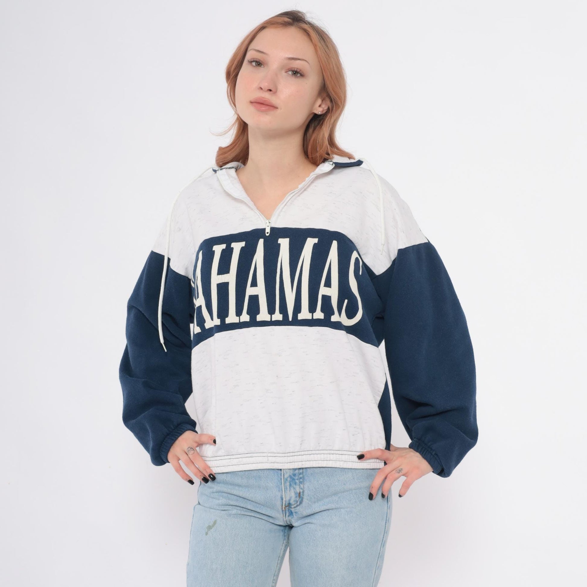 80s Bahamas Zip Hoodie Colorblock Navy Cream Cotton Small Medium