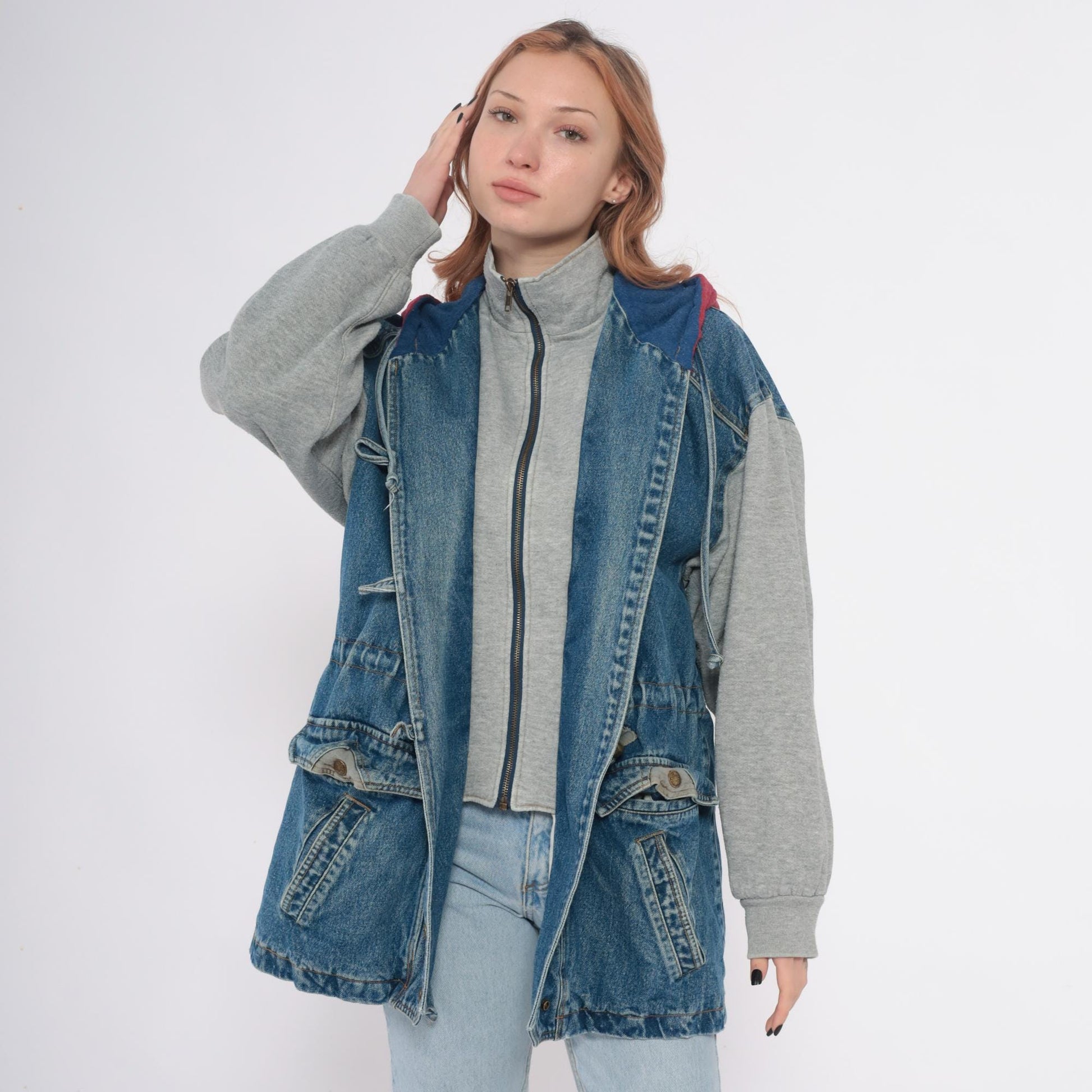 90s New York Girl Denim Jacket Colorblock Hood Toggle Closure Medium M