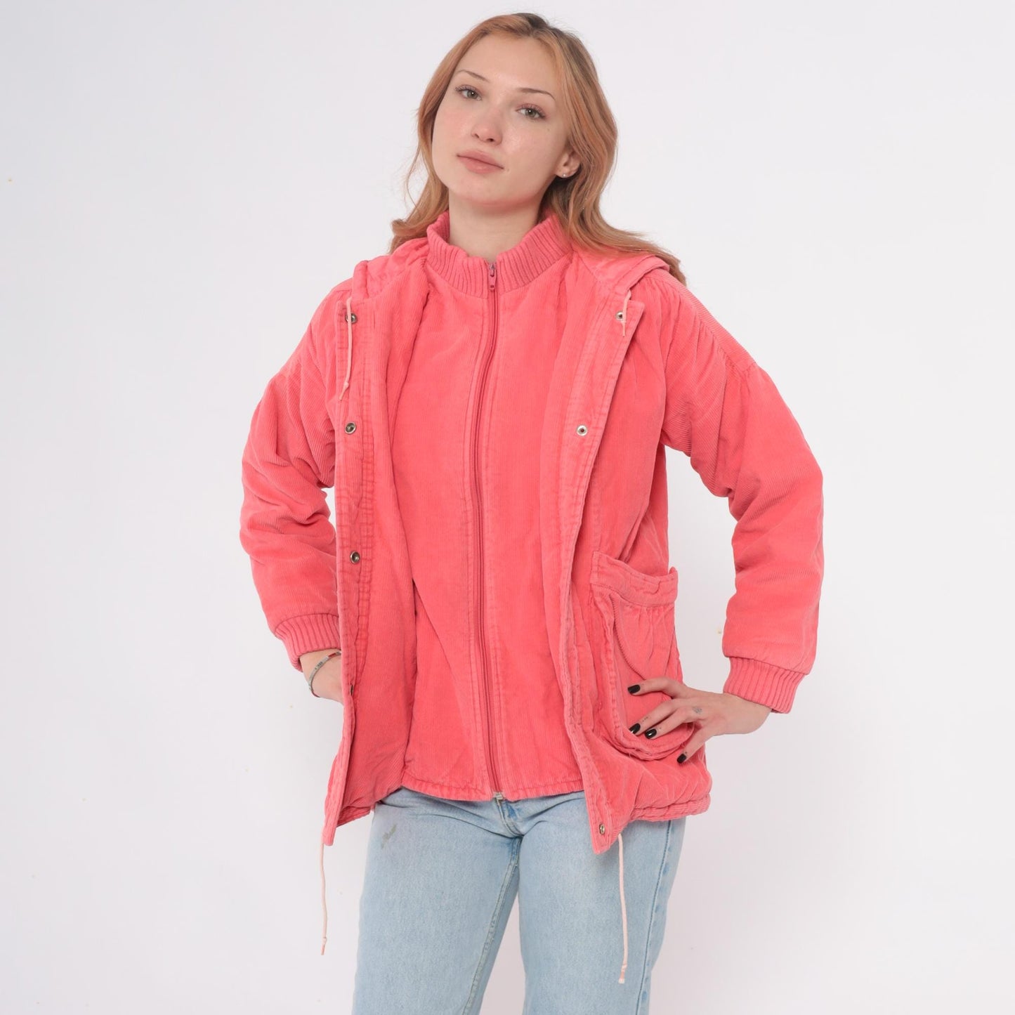 80s Coral Corduroy Hooded Puffer Jacket Zip Front Ribbed Cuffs Small S