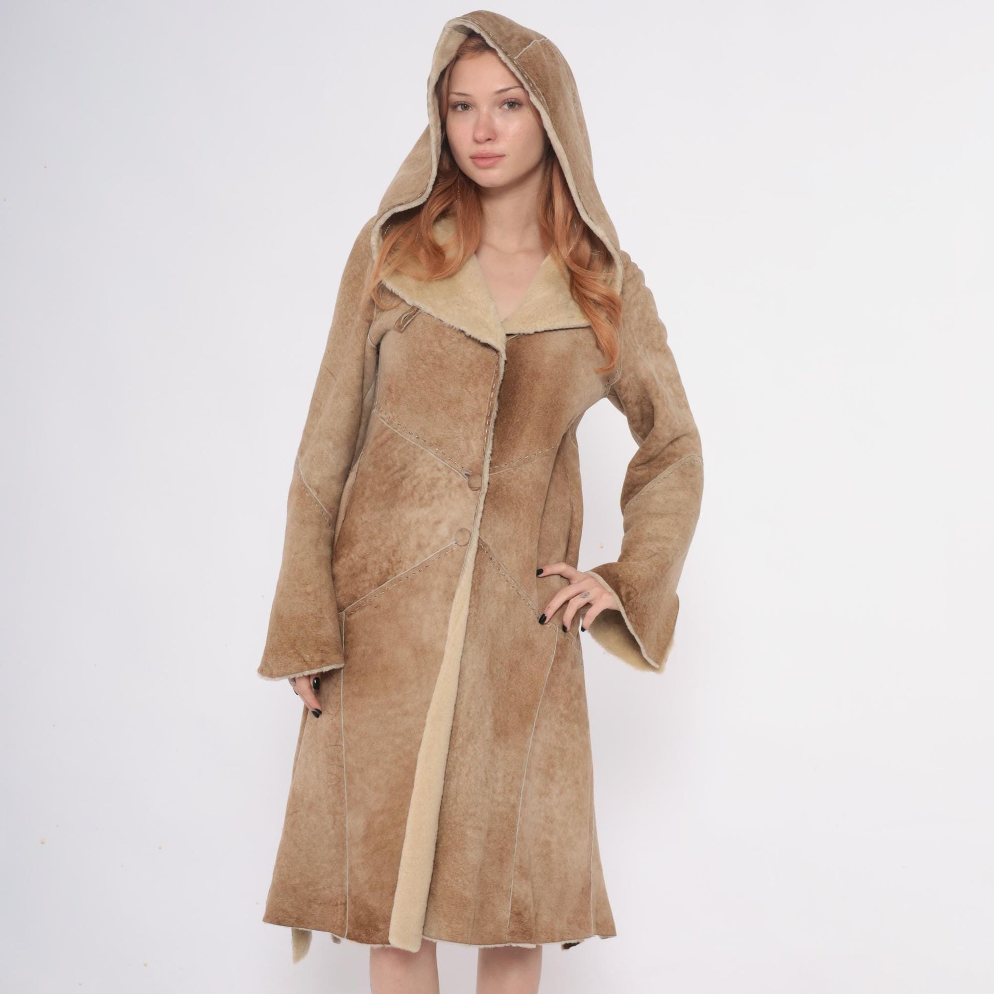 90s Denimaxx Couture Suede Hooded Coat Tan Shearling Trim Small