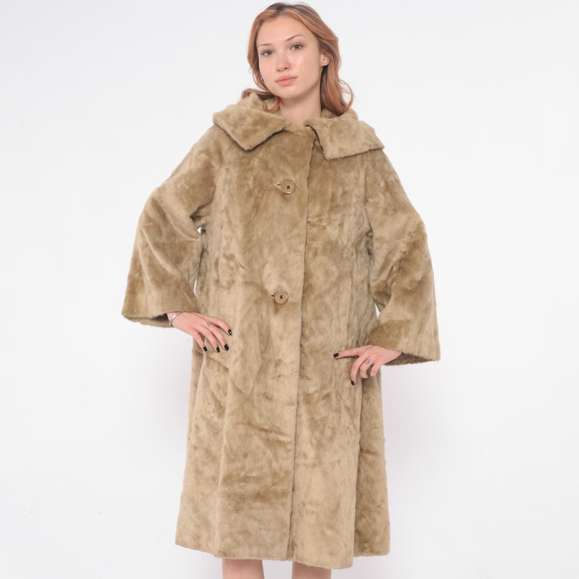 60s Sutton Place Faux Fur Coat Beige Shawl Collar A-Line Large L
