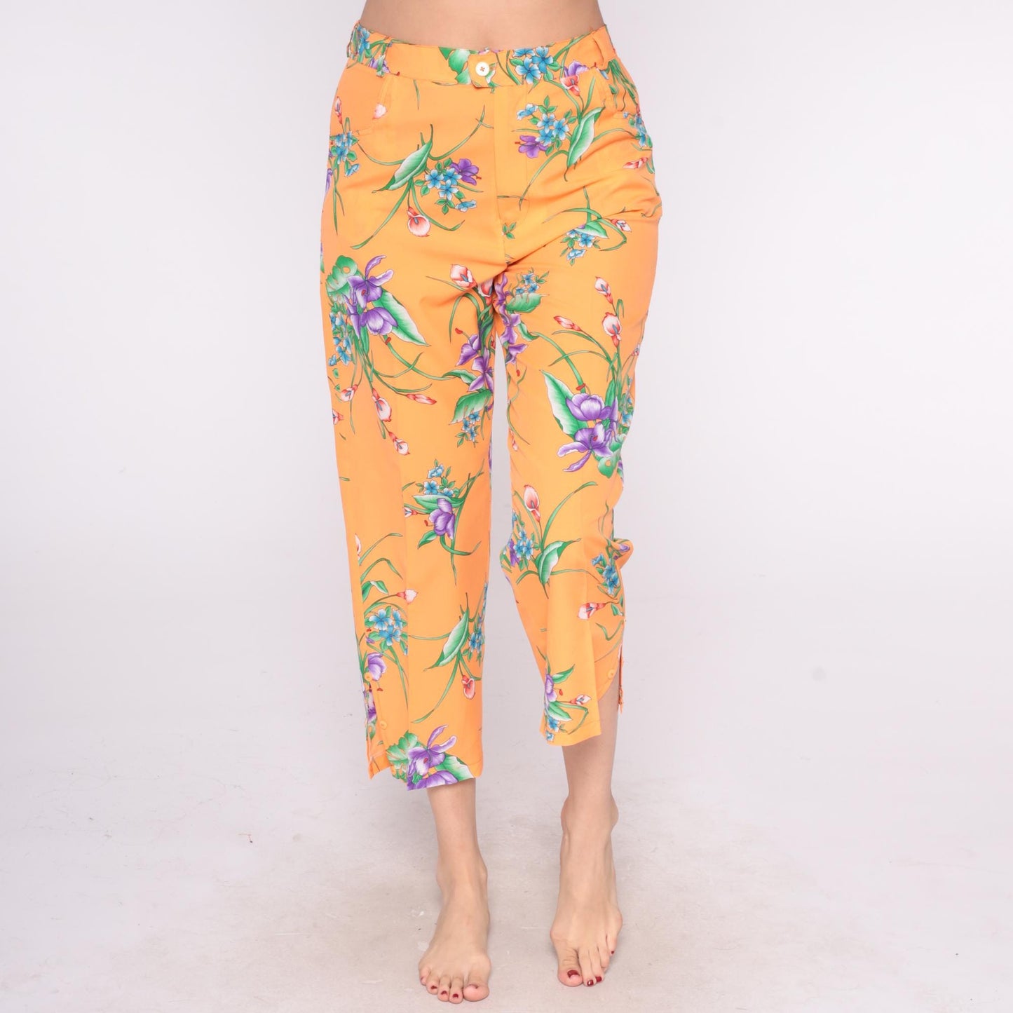 90s Orange Floral Cropped Pants High Rise Straight Leg Medium M