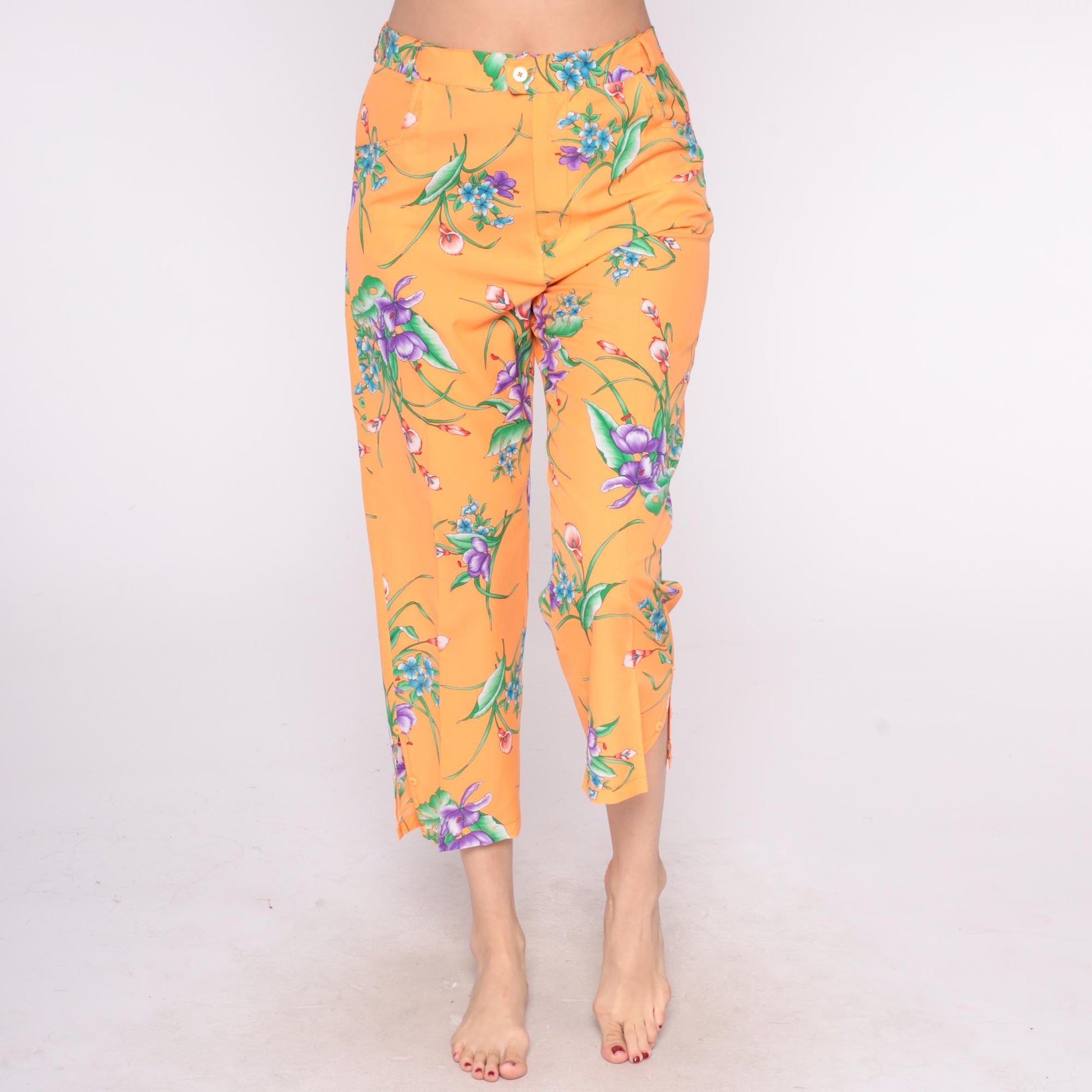 90s Orange Floral Cropped Pants High Rise Straight Leg Medium M