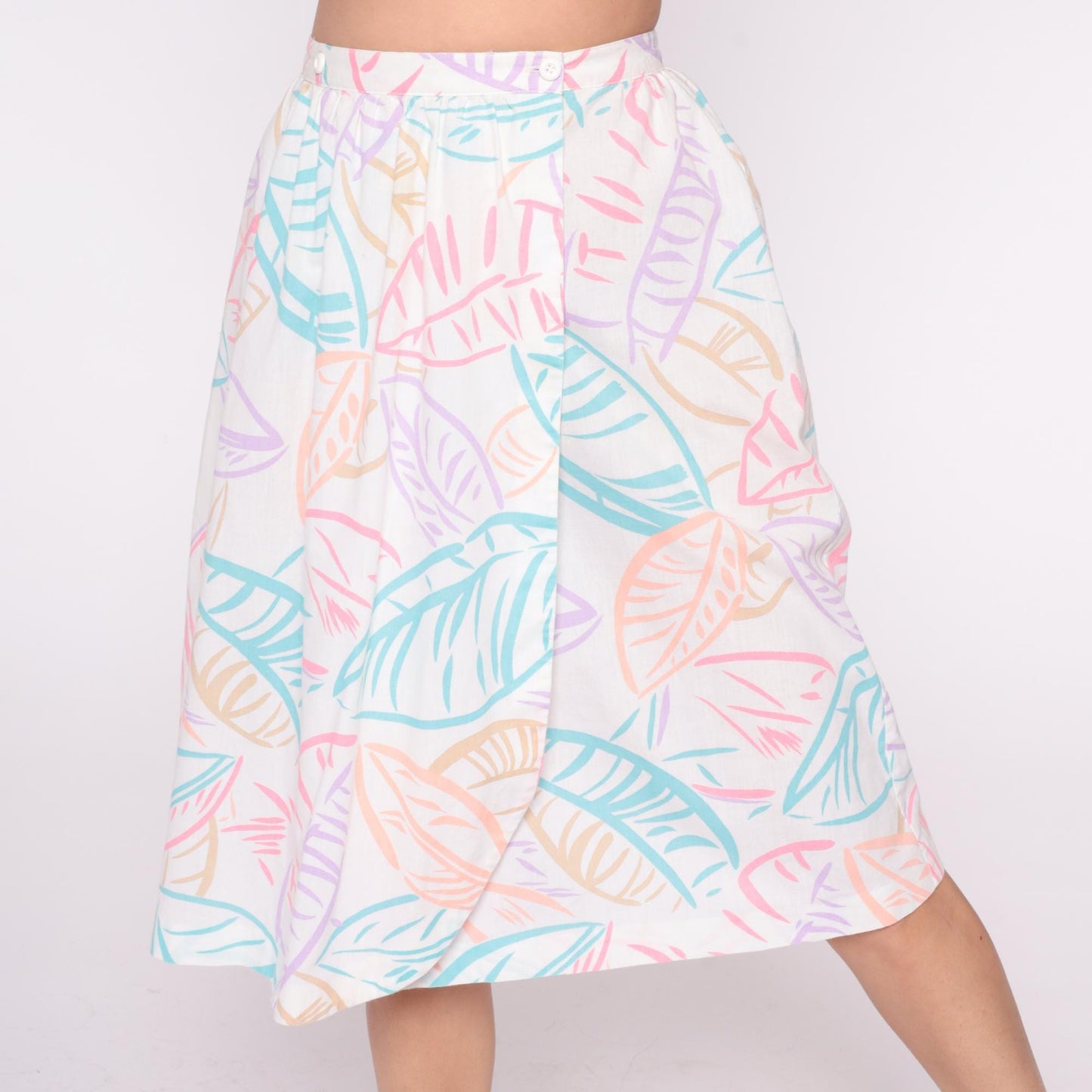 80s Salem Tropical Leaf Print A-Line Skirt White Pastel High Waist Large