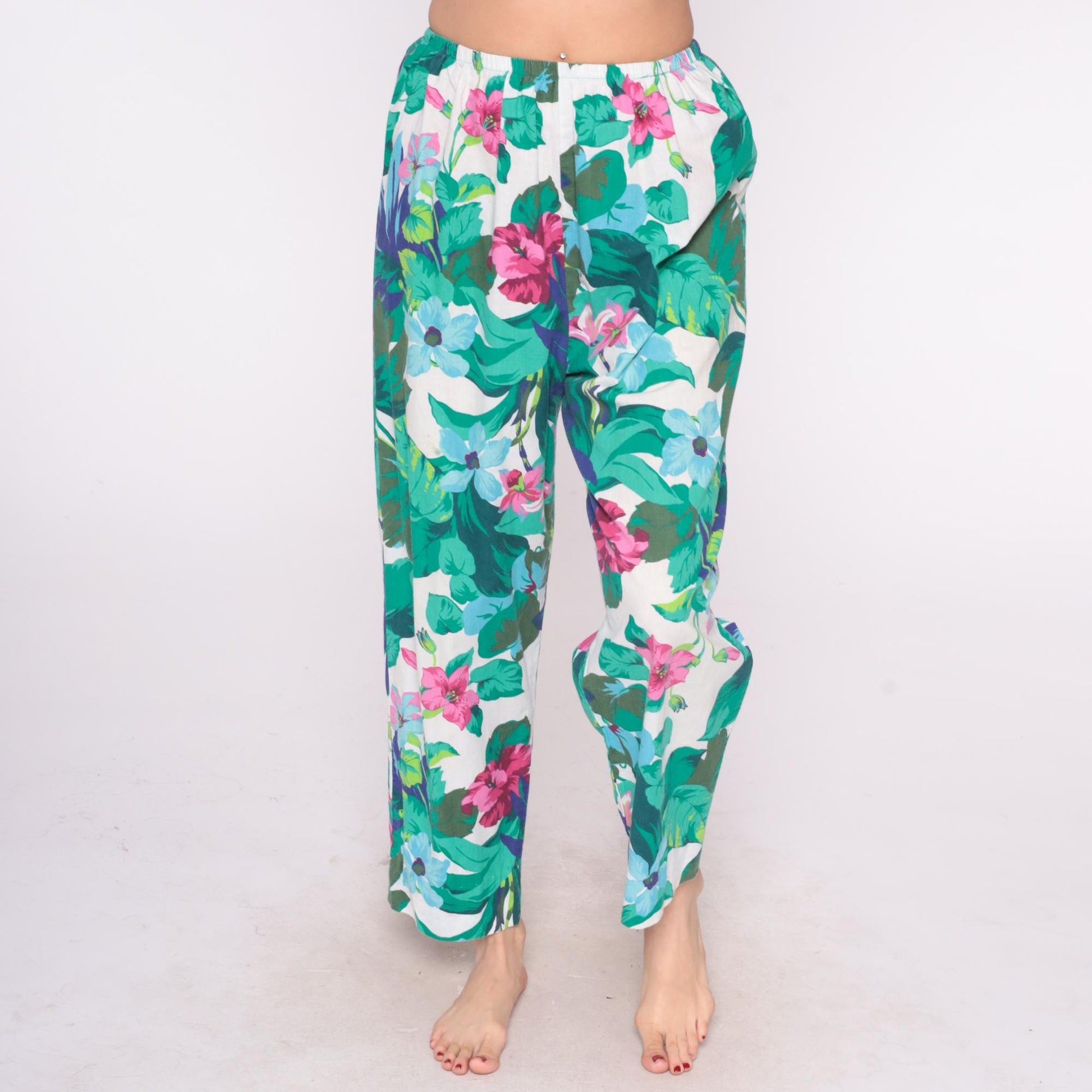 90s Tropical Floral Straight Leg Pants White Pink Green Elastic Waist Large L