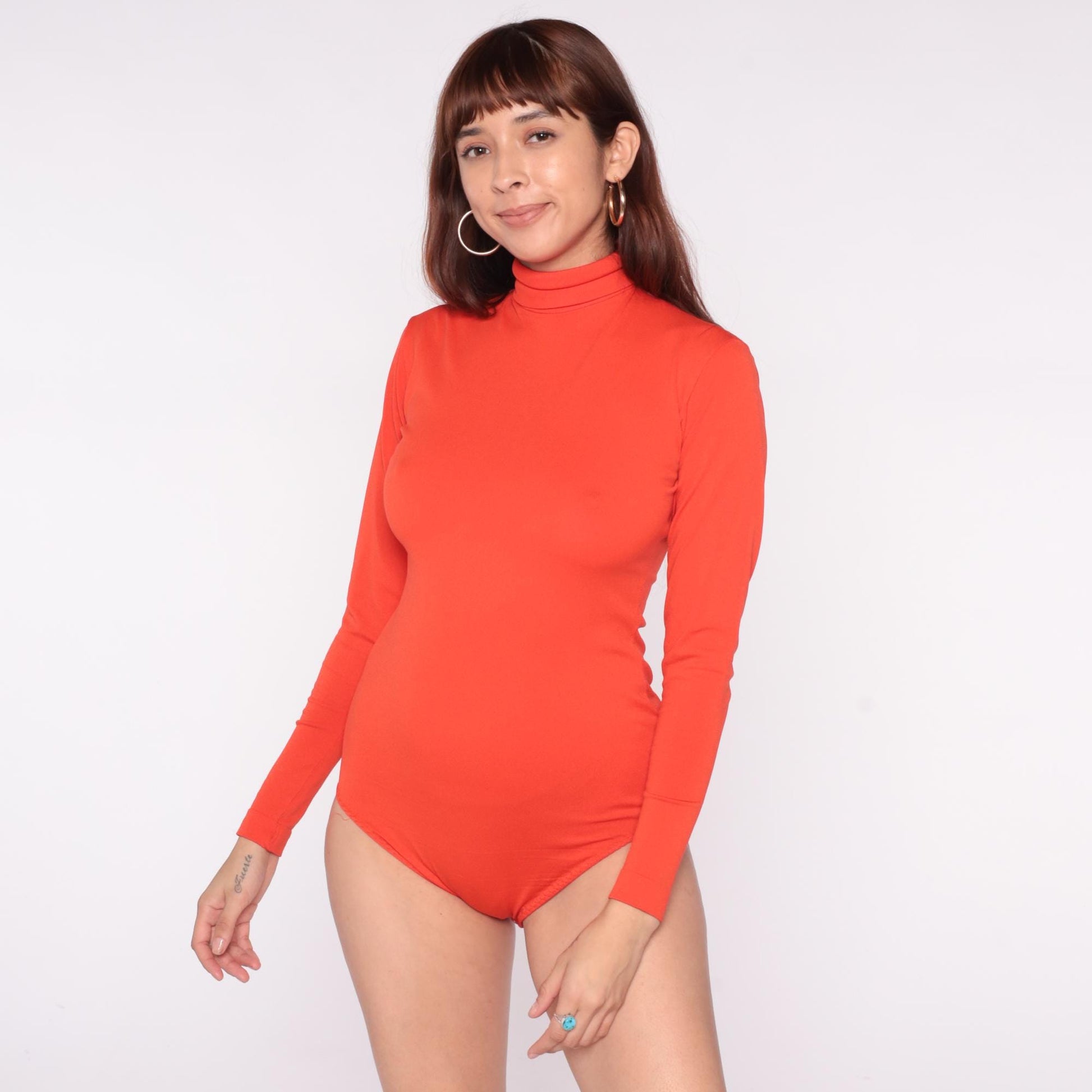 70s Orange Mock Turtleneck Bodysuit Long Sleeve Zip Back Medium