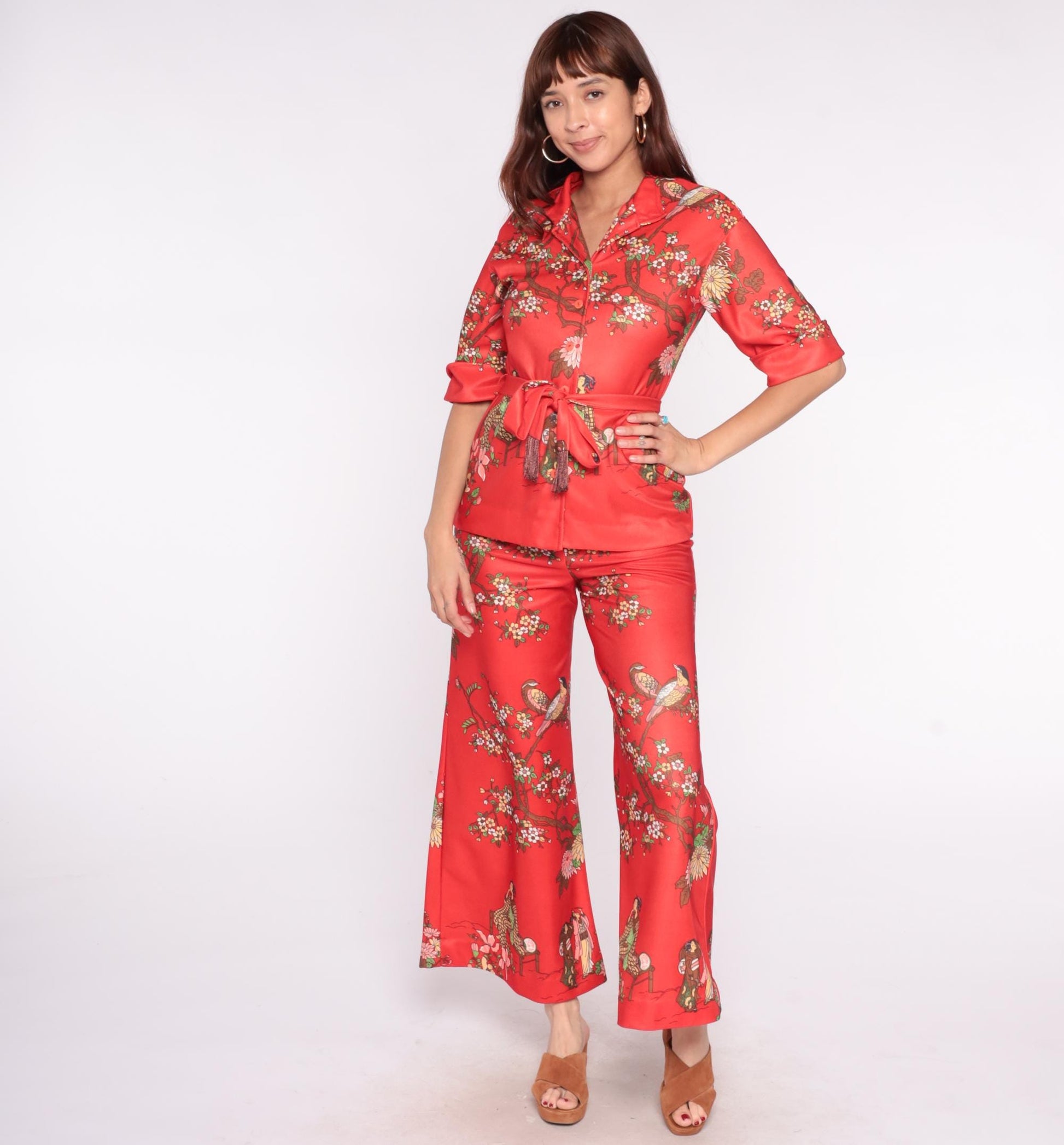 70s Leslie Fay Pheasant Cherry Blossom Two Piece Set Red Small