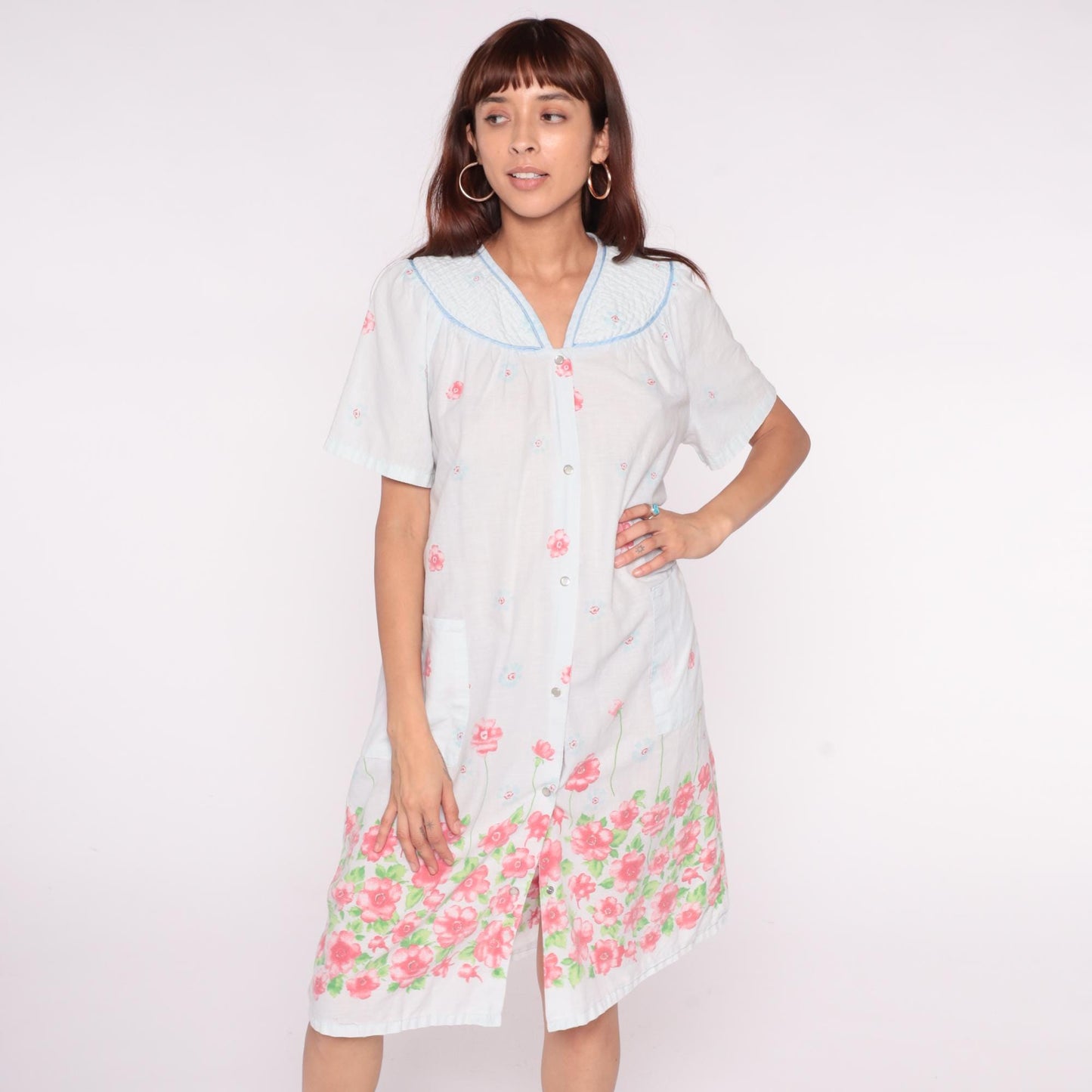 90s Emily Stacy Floral Nightgown White Pink Border Cotton Small