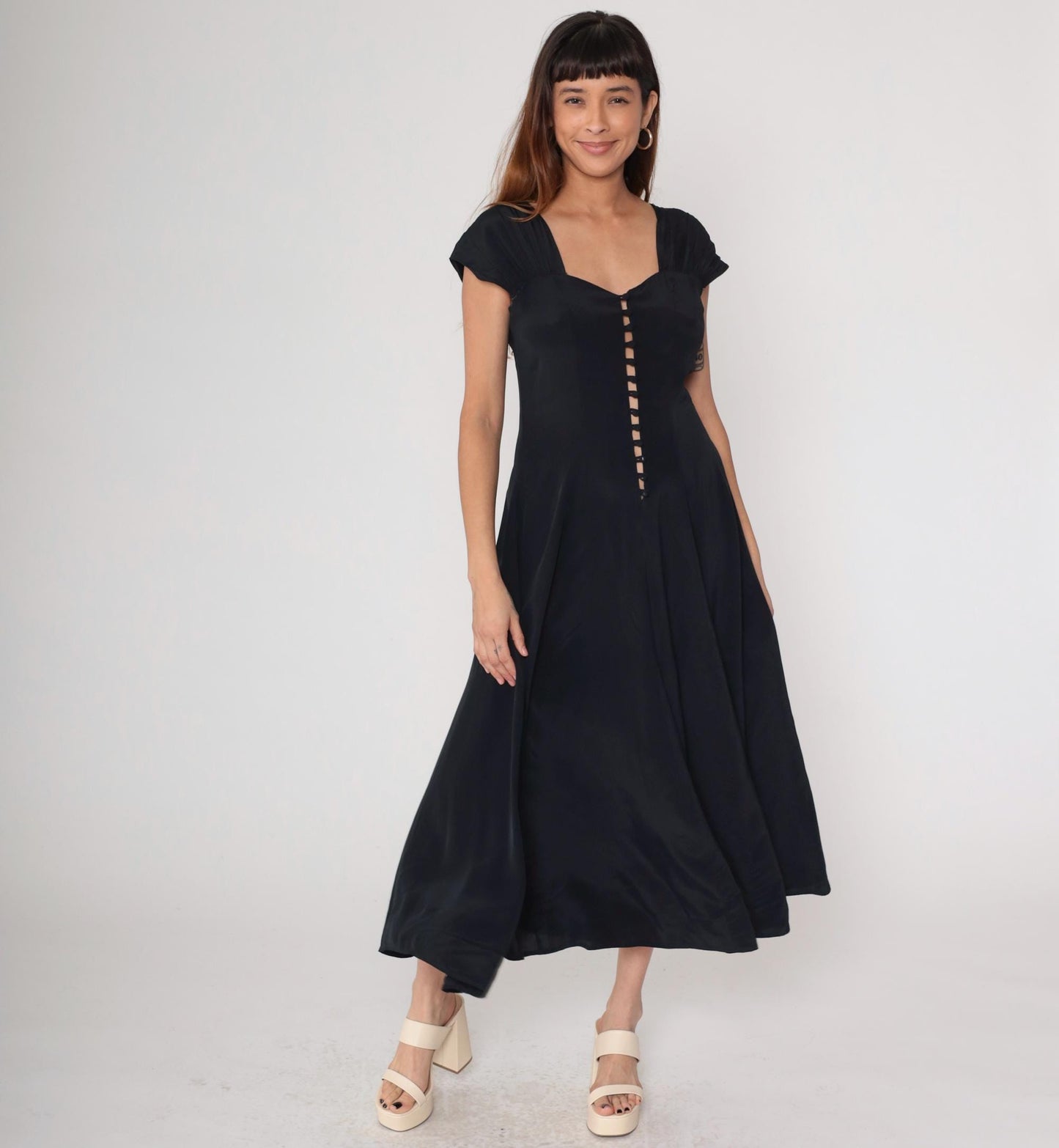 80s Black Maxi Dress Button Front Cap Sleeve Square Cutout Medium