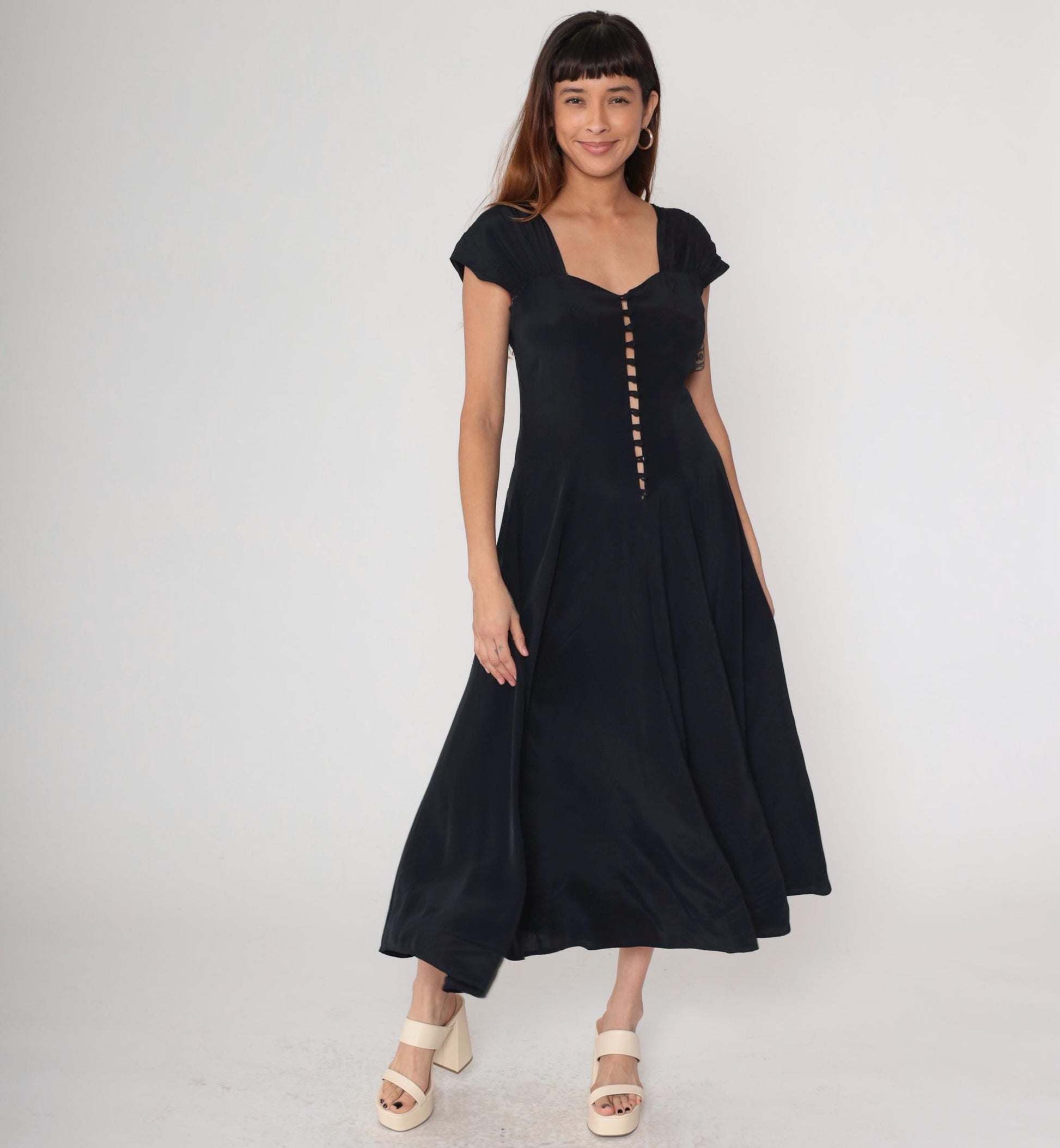 80s Black Maxi Dress Button Front Cap Sleeve Square Cutout Medium