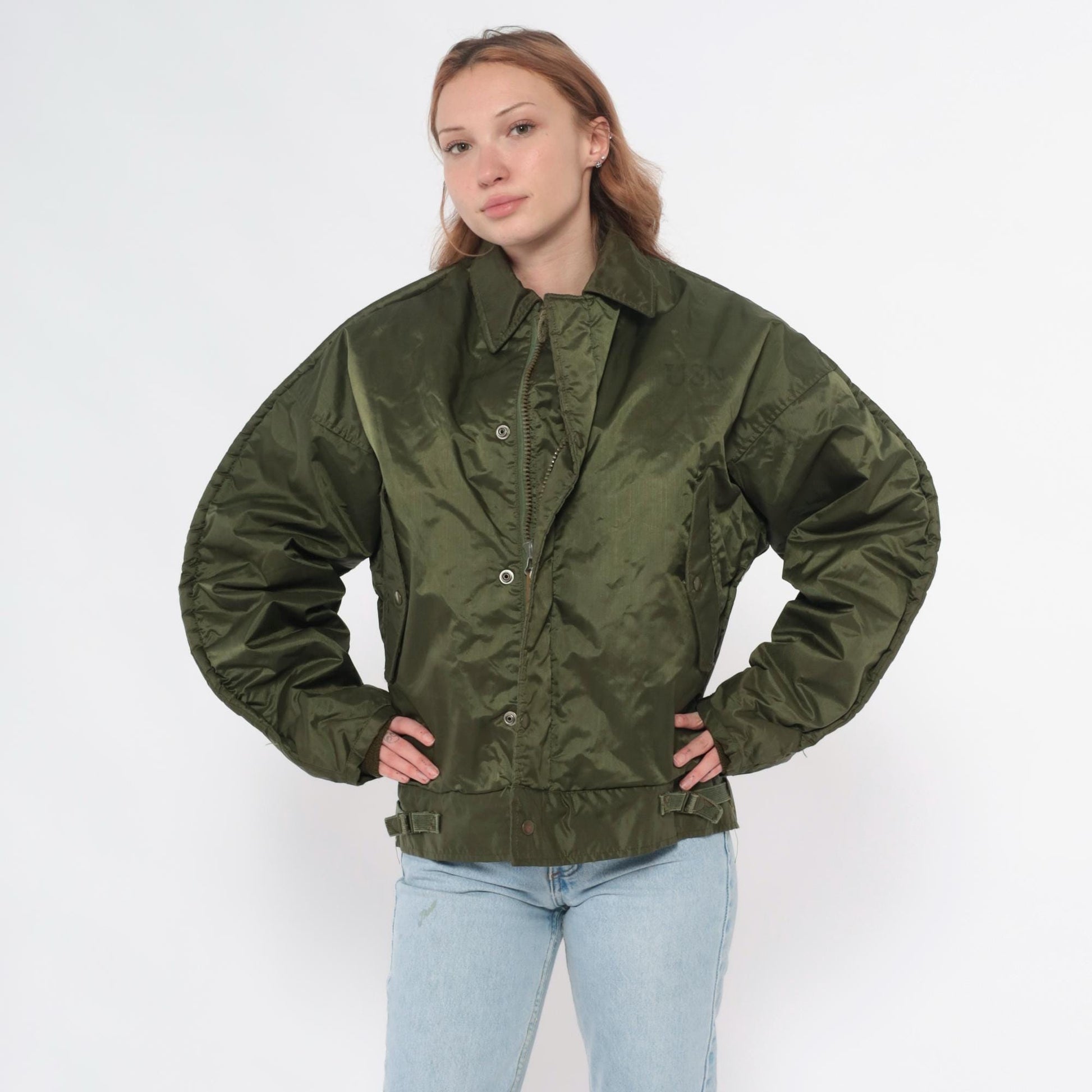 60s US Navy A1 Bomber Jacket Olive Green Quilted Lined Medium
