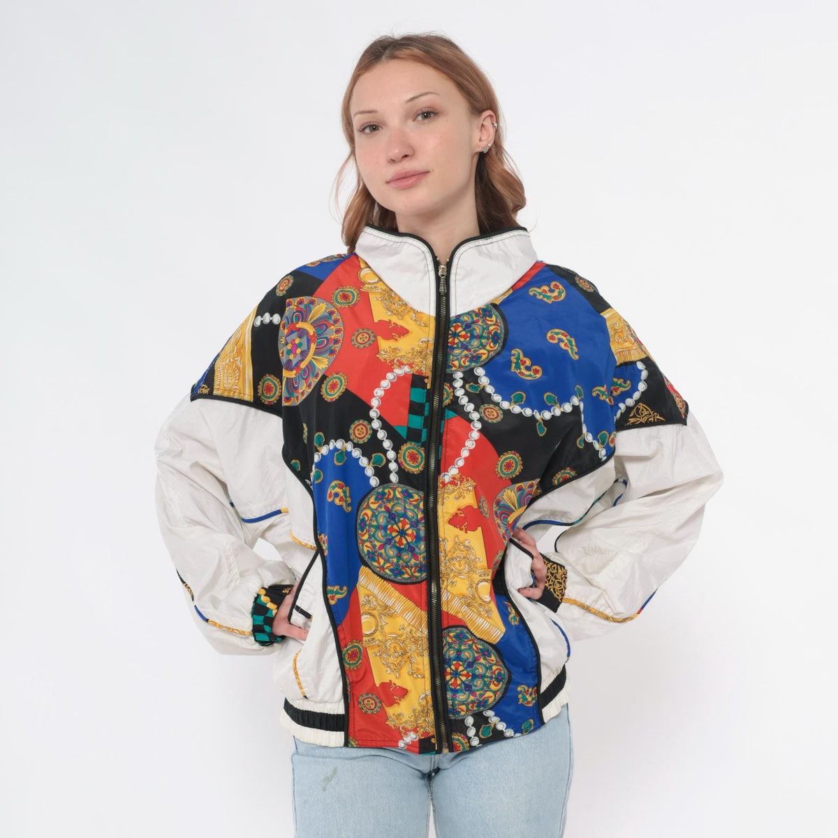 90s East West Windbreaker Multicolor Baroque Checkerboard Chain Print Large