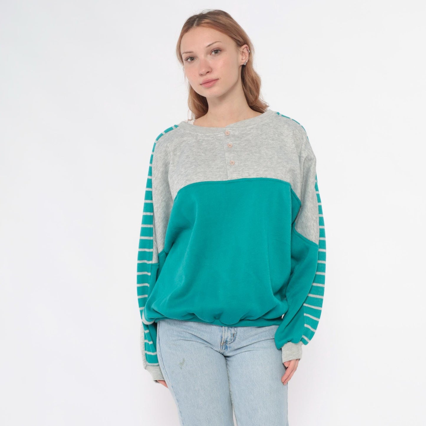 90s Teal Colorblock Sweatshirt Grey Striped Sleeve Crewneck Medium M